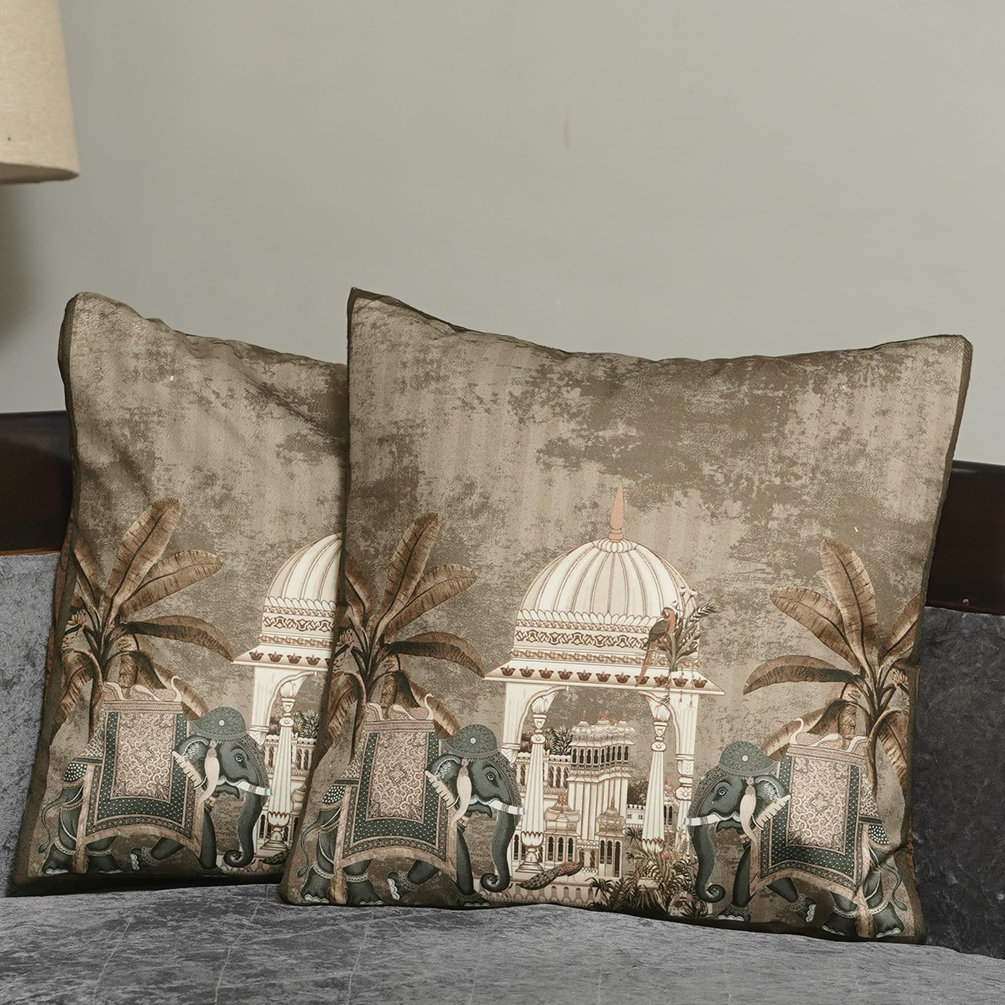 Luxury Velvet Elephant Palace Decorative Throw Pillow Covers, Traditional Indian Design, 16x16 Inch, Set of 2 Pieces (Gold)-image-43