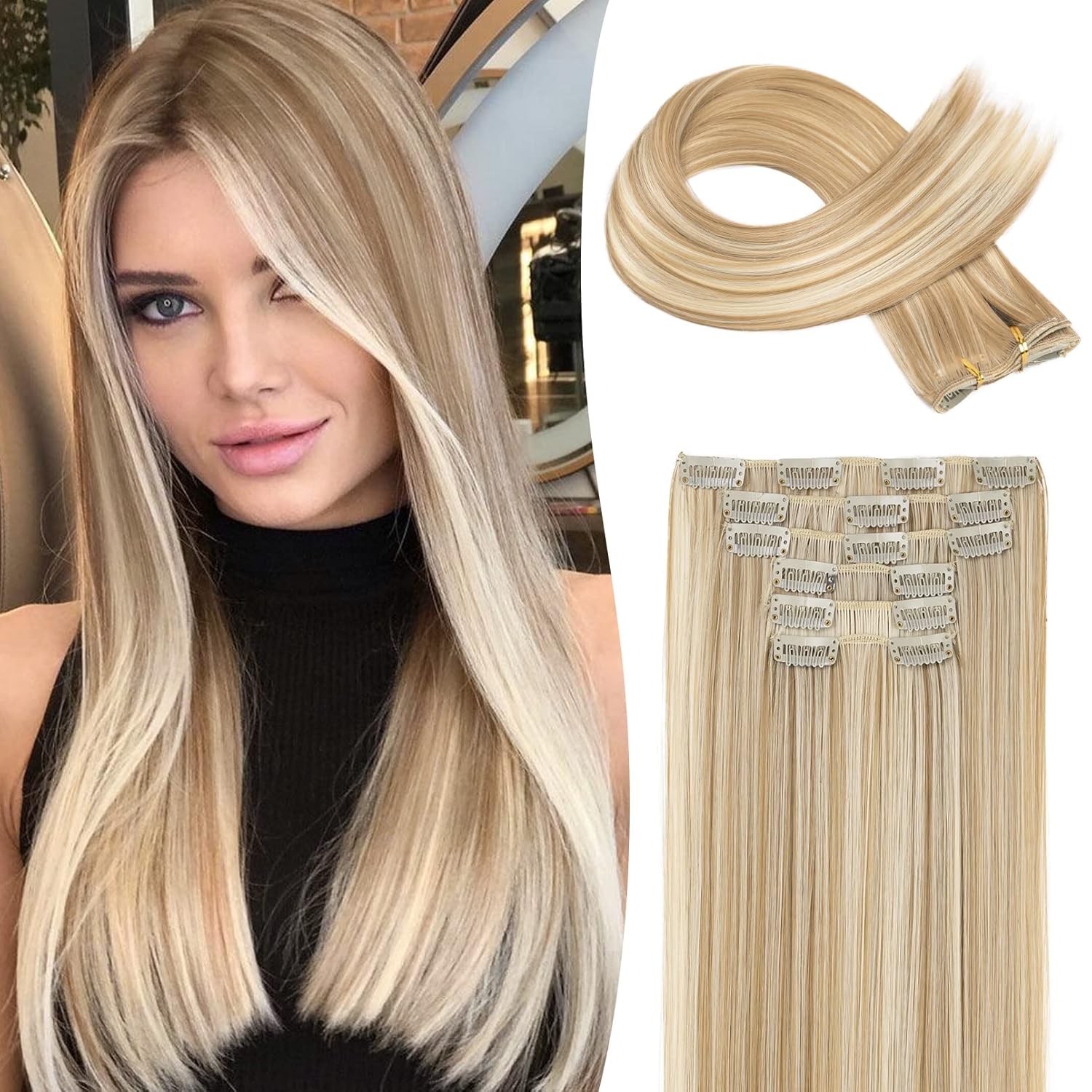 LONAI Clip in hair extensions 6PCS Straight 24″ Hair Extensions for Women，Heat Resistant Synthetic Hairpiece-Dark Blonde with Highlights