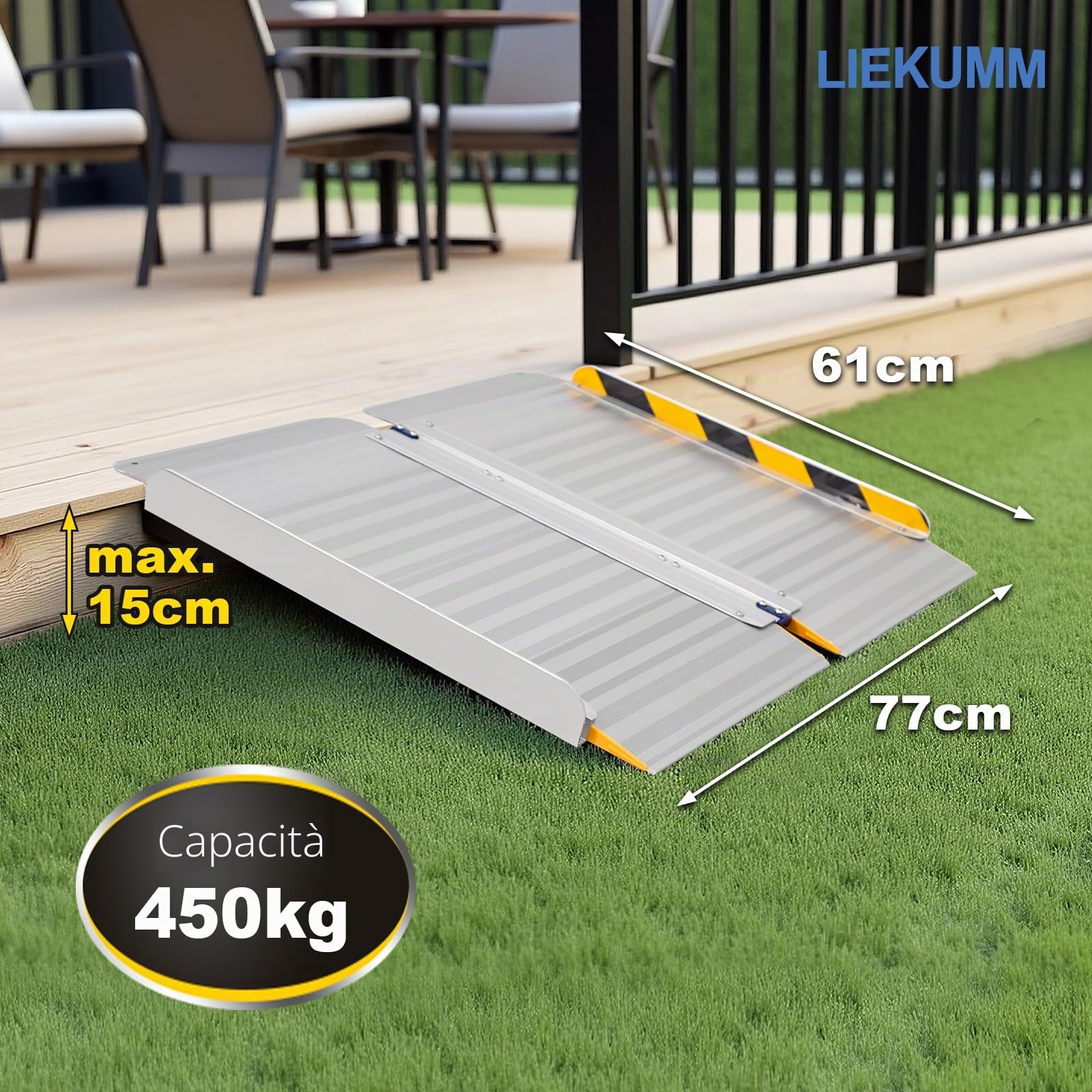 LIEKUMM Rampa per sedia a rotelle, 61 x 77 cm, portata 450 kg, pieghevole, in alluminio, per scale, gradini, marciapiedi, rampa per sedia a rotelle elettrica, passeggino