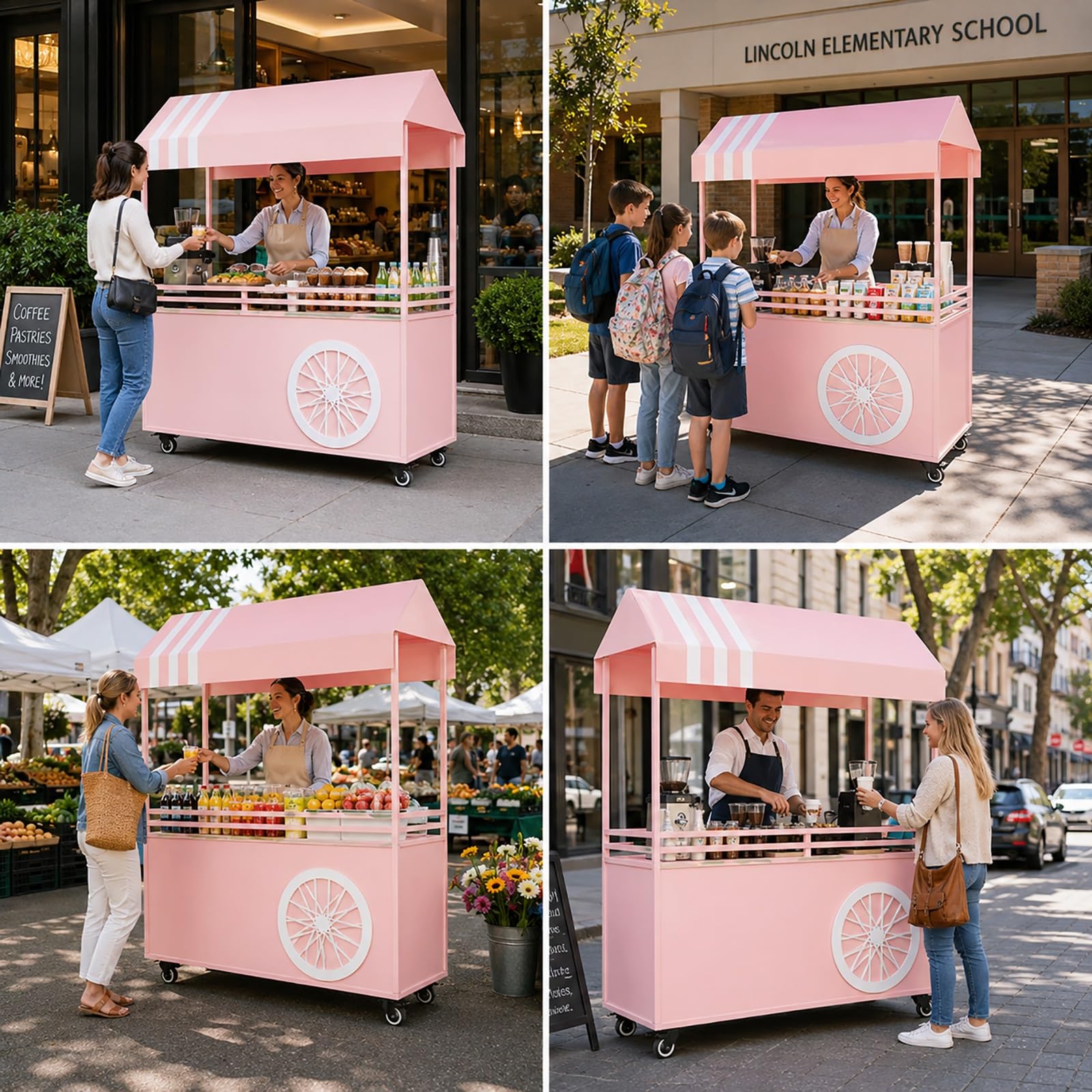 Puesto Ambulante con Toldo, Carrito de Venta con Ruedas, Stand de Venta con Exhibidor y Estante, Puesto para Mercadillo con Techo para Ferias y Exteriores(Green)
