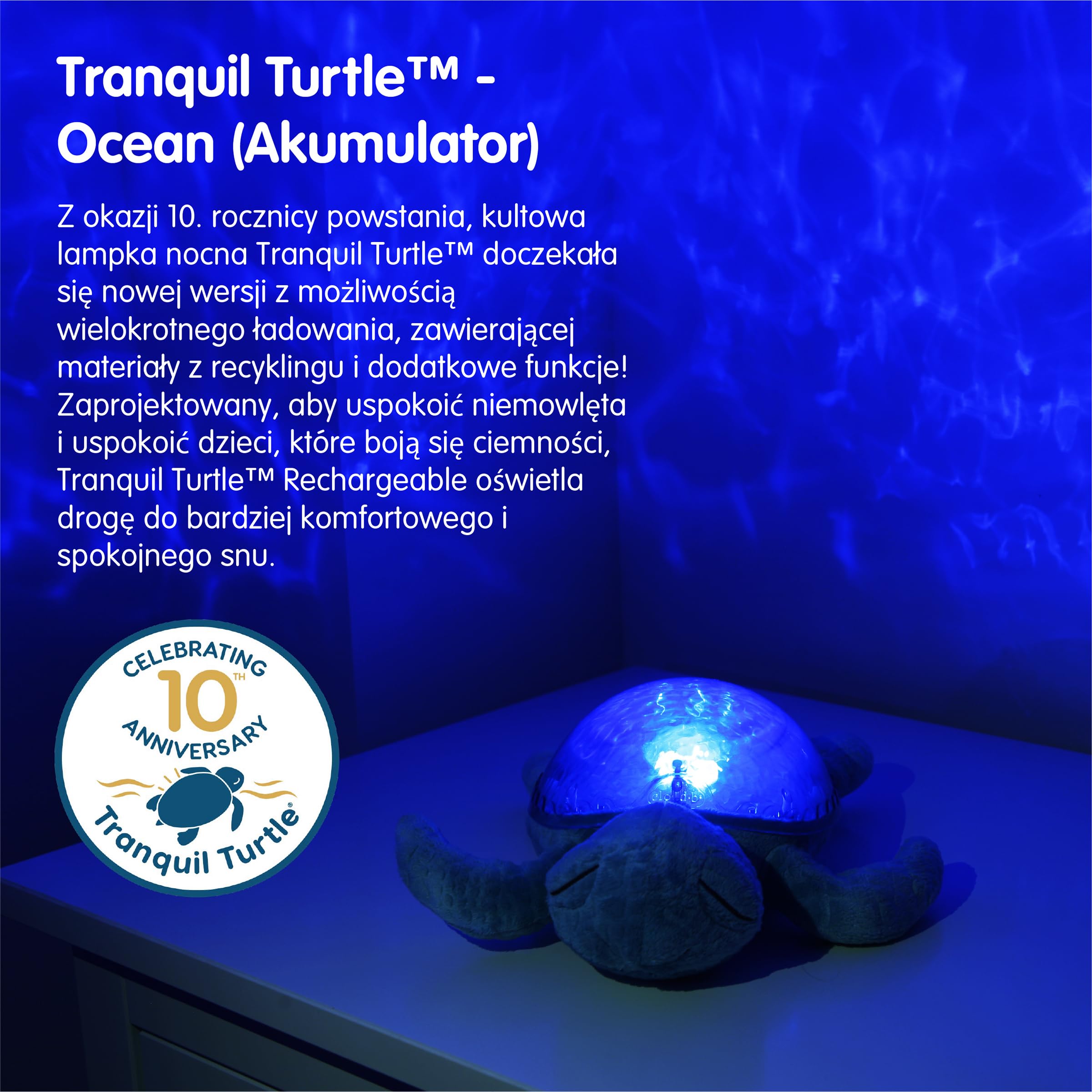 Cloud b Lampka nocna dla niemowląt projektor oceanu | 2 białe dźwięki + 2 uspokajające dźwięki | regulowane światło + automatyczne wyłączanie | Tkanina z recyklingu | Tranciil Turtle Ocean (możliwość