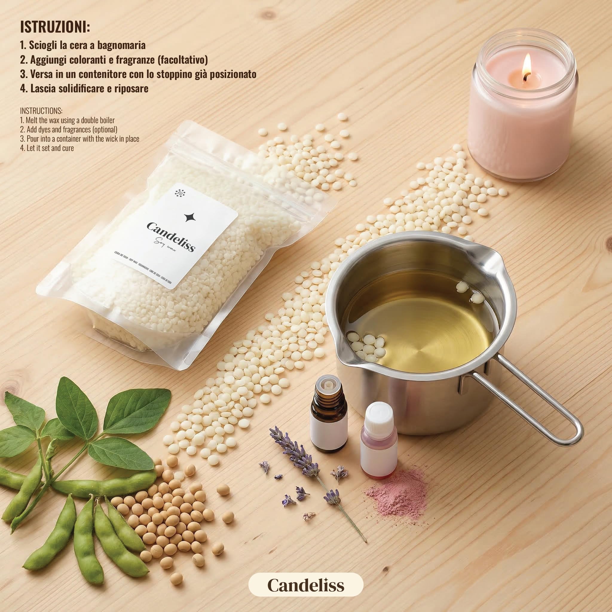 CANDELISS Cera di soia per Candele in Vaso 2kg. Cera Naturale vegetale per Candele con Punto di Fusione Basso per Creare Candele Fatte in casa Soy Wax for Candle Making (2kg)