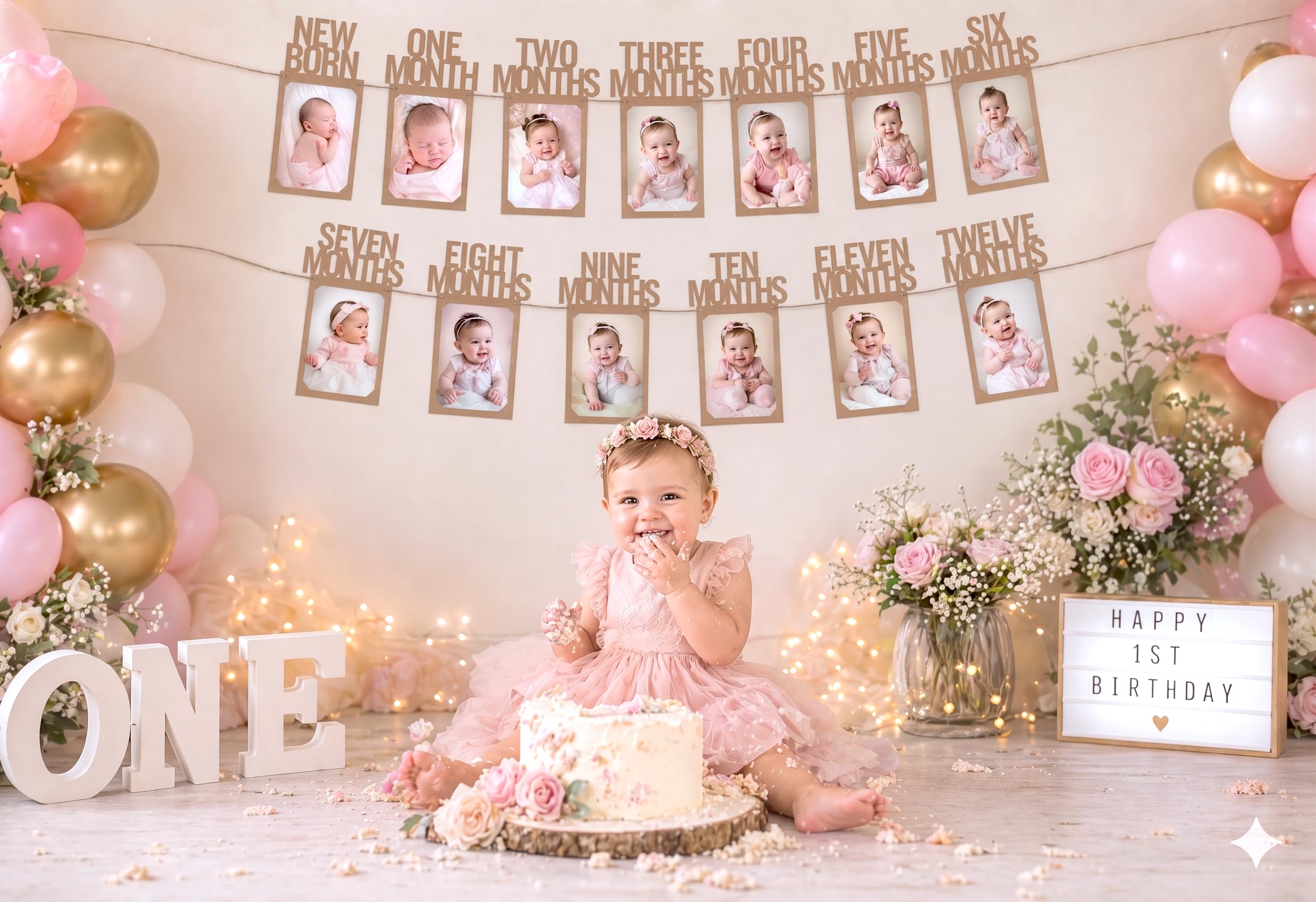 PartyHooman Baner fotograficzny na 1. urodziny dla dziecka od noworodka do 12 miesięcy, dekoracje na pierwsze urodziny, dla chłopca lub dziewczynki, miesięczna girlanda z kamieniami milowymi, baner na