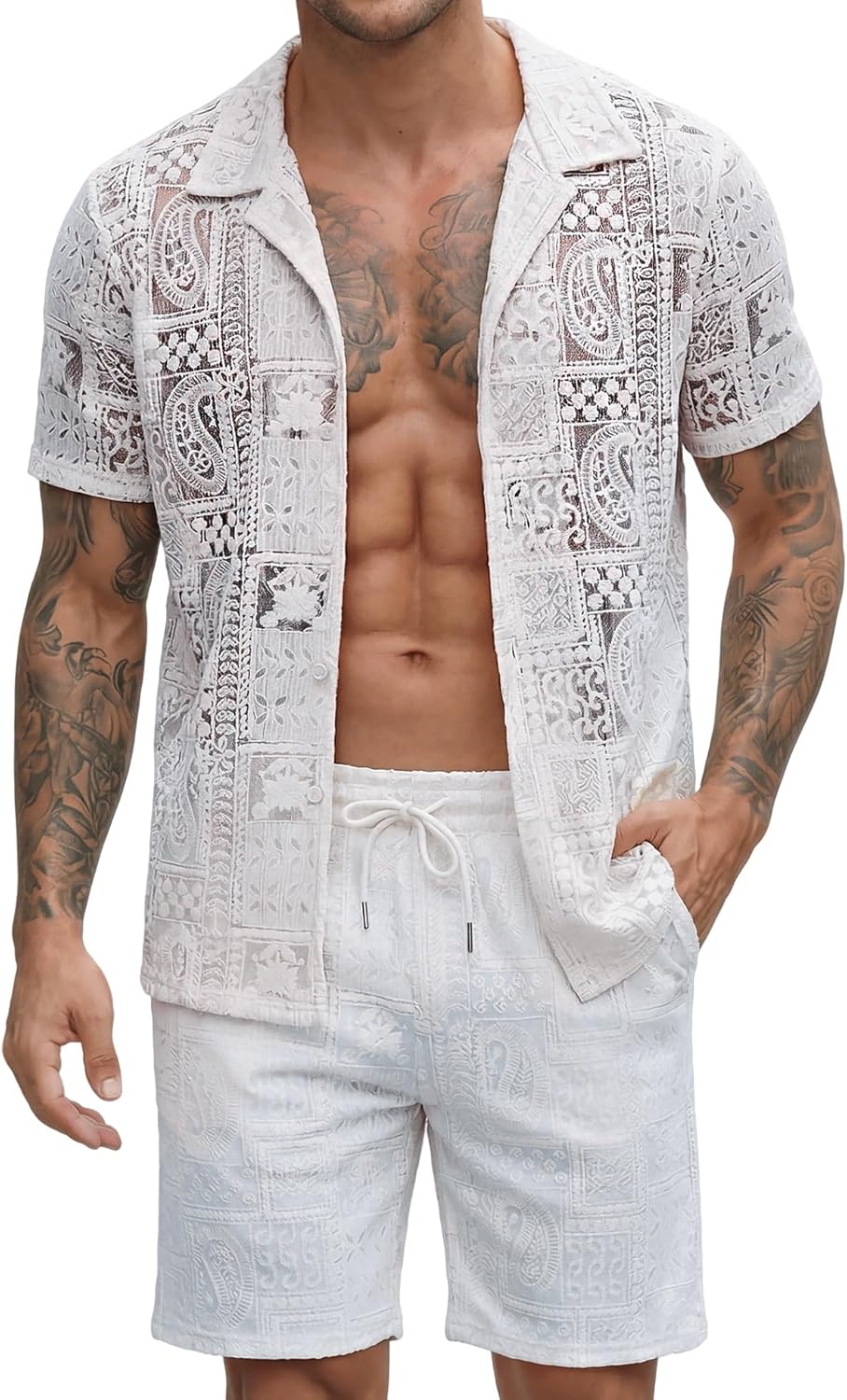 Men's 2 Piece Short Set Beach Outfits Lace Sexy Shirt and Shorts Set Short Sleeve and Shorts Matching Sets