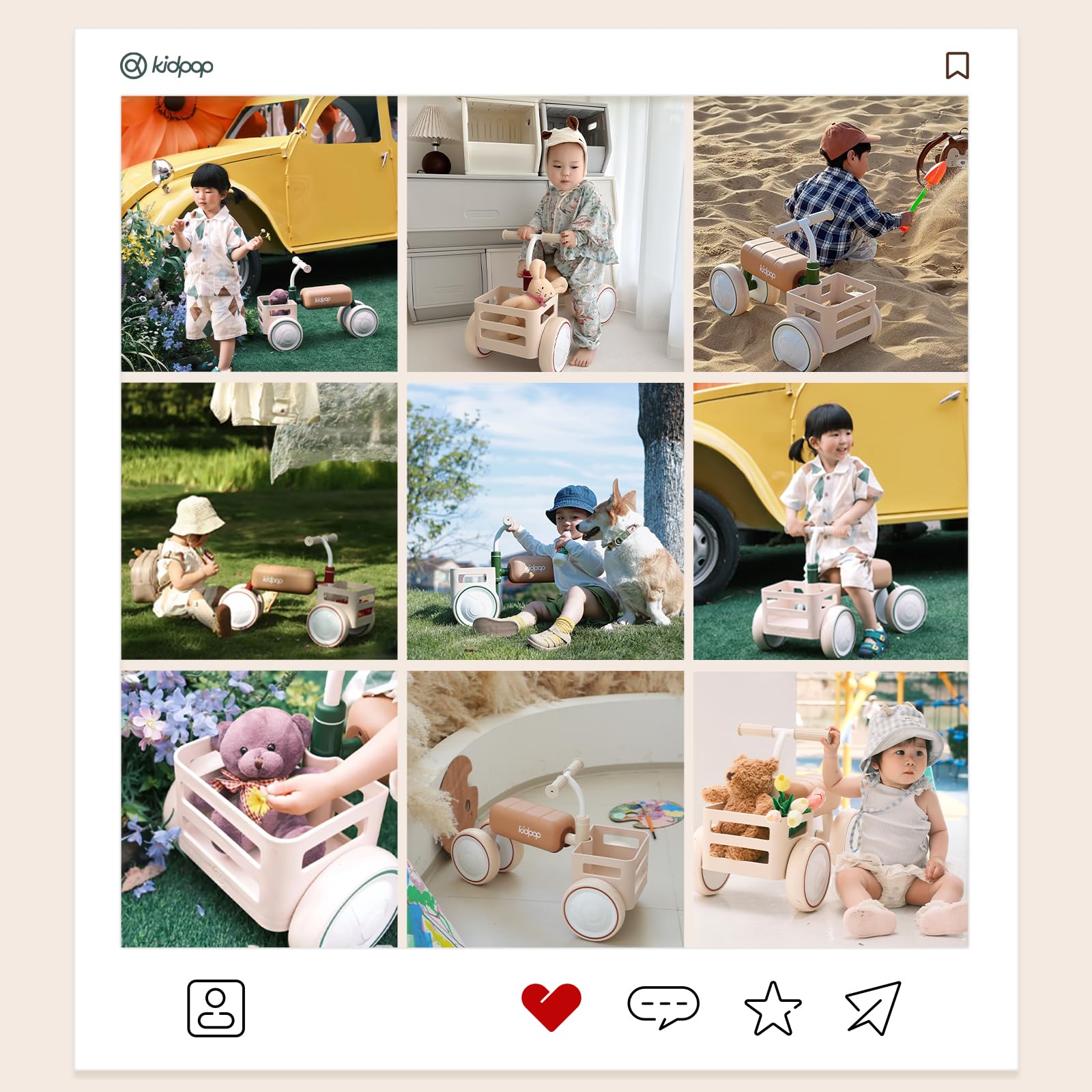 Kidpop Toast Bicicleta sin Pedales, Bicicleta de Equilibrio, Juguete Bebés de 10 a 36 Meses, 4 Ruedas de EVA, Cesta extraíble Apta para Alimentos, Asiento Desmontable, Verde