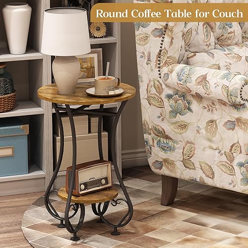 Miniatura 9 de Mesa auxiliar, pequeña mesa auxiliar redonda con estante inferior para espacios pequeños, mesita de noche redonda con marco de metal, sofá, mesa de