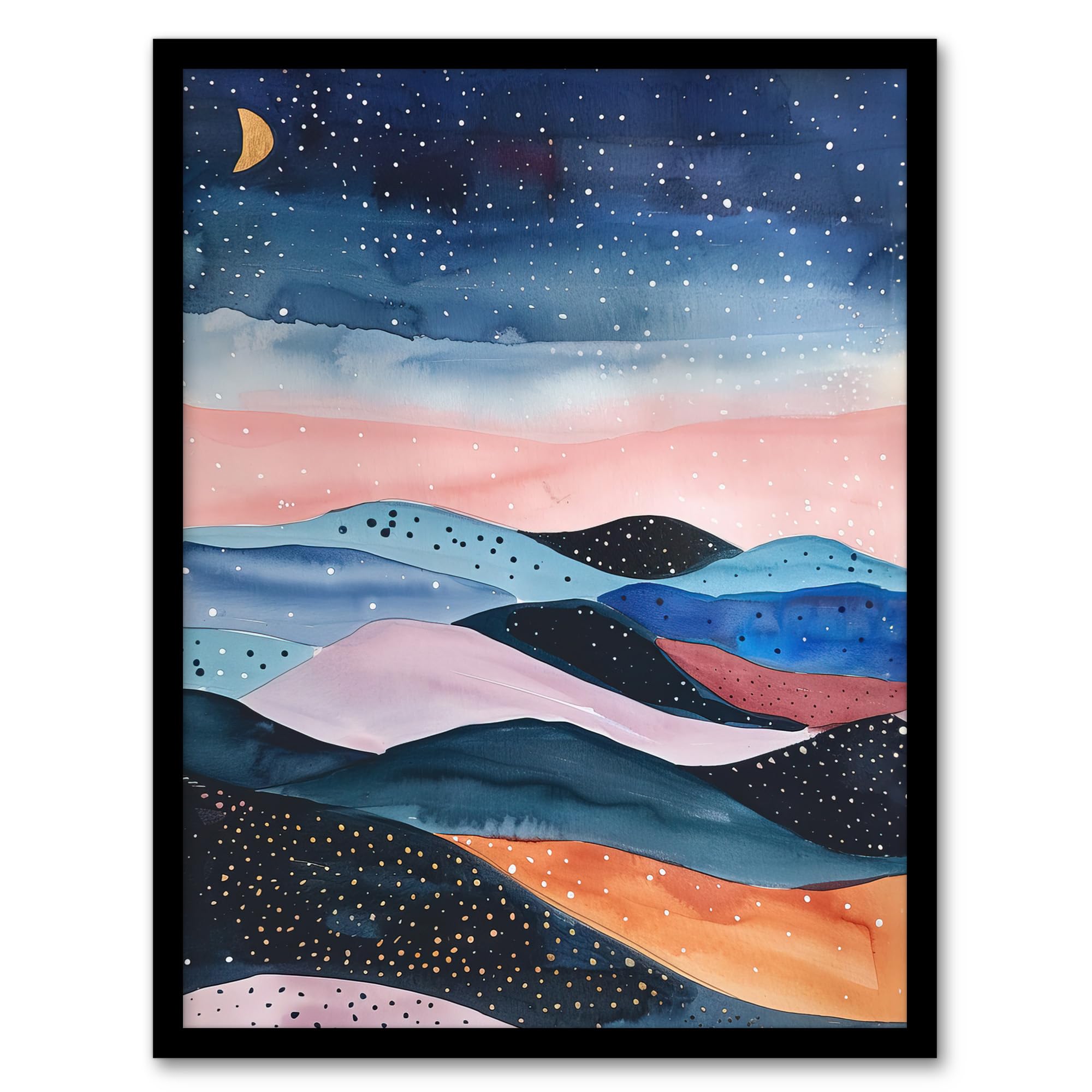 Abstract Boho Landscape Starry Night Sky Folk Art Framed Wall Art - Artery8 - Pink - A4