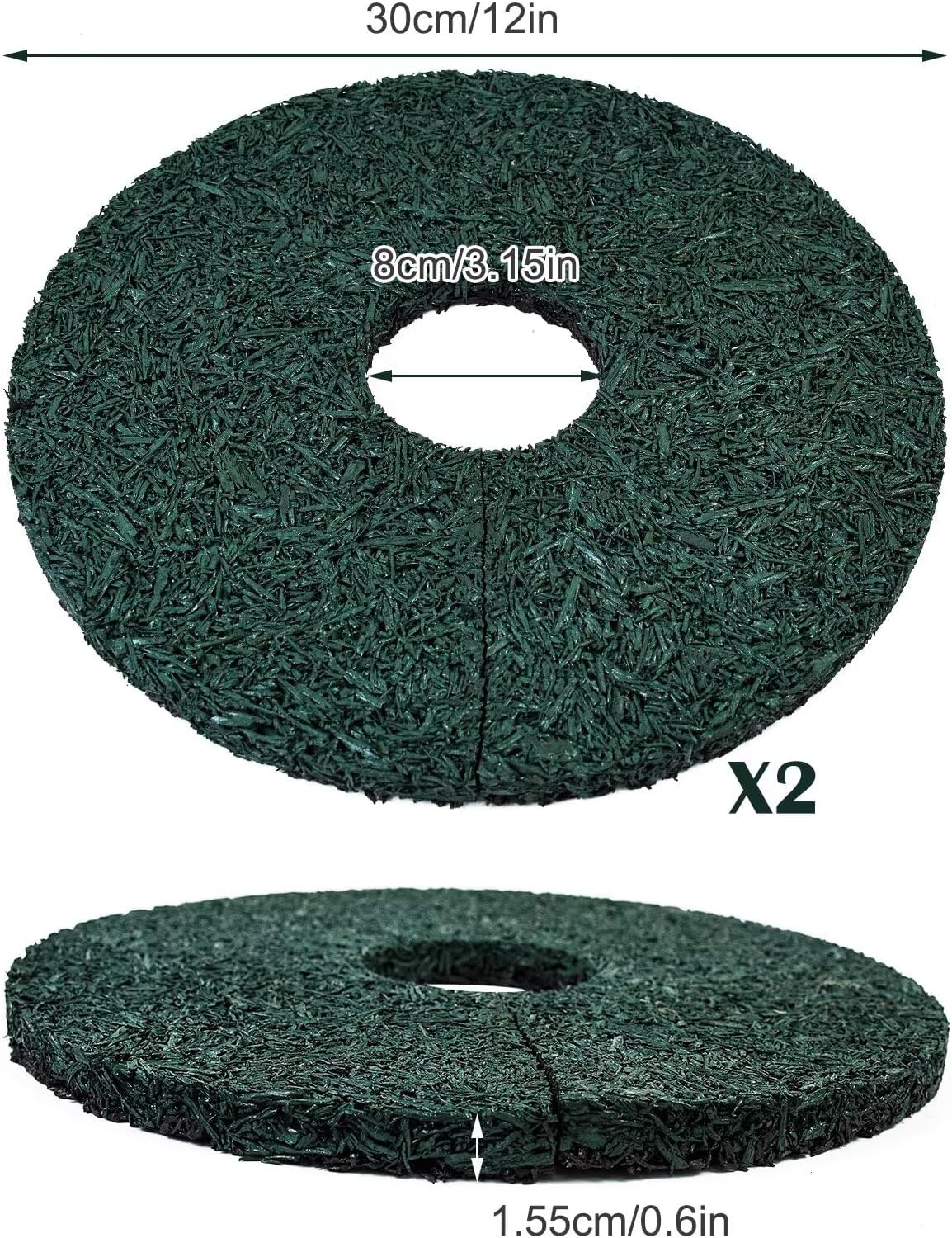 2pcs Double Side Rubber Tree Mulch Ring, 12In Heavy Duty Recycled Rubber Mulch Mat Natural Look Tree Root Protector Mat Reversible Round Tree Ring for Prevent Animal Dig, (Green Brown)