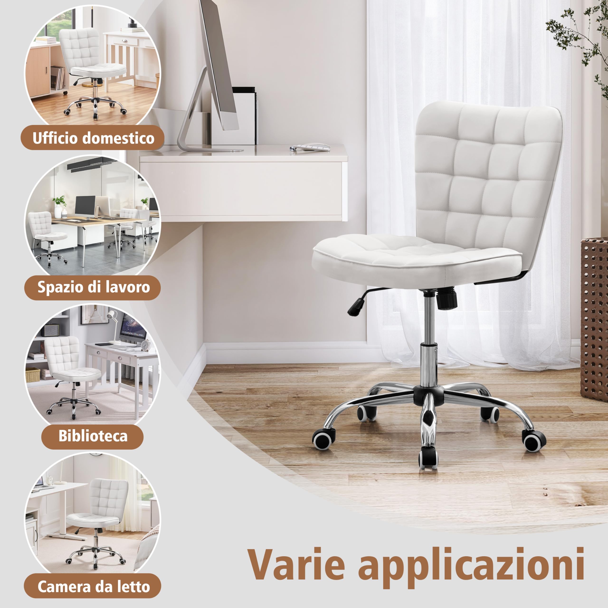 Yaheetech Sedia Ufficio Srivania Senza Braccioli Ergonomica in Ecopelle Bianca Imbottita a Rotelle Girevole Altezza Regolabile Fonzione Dondolo Portata 136 KG