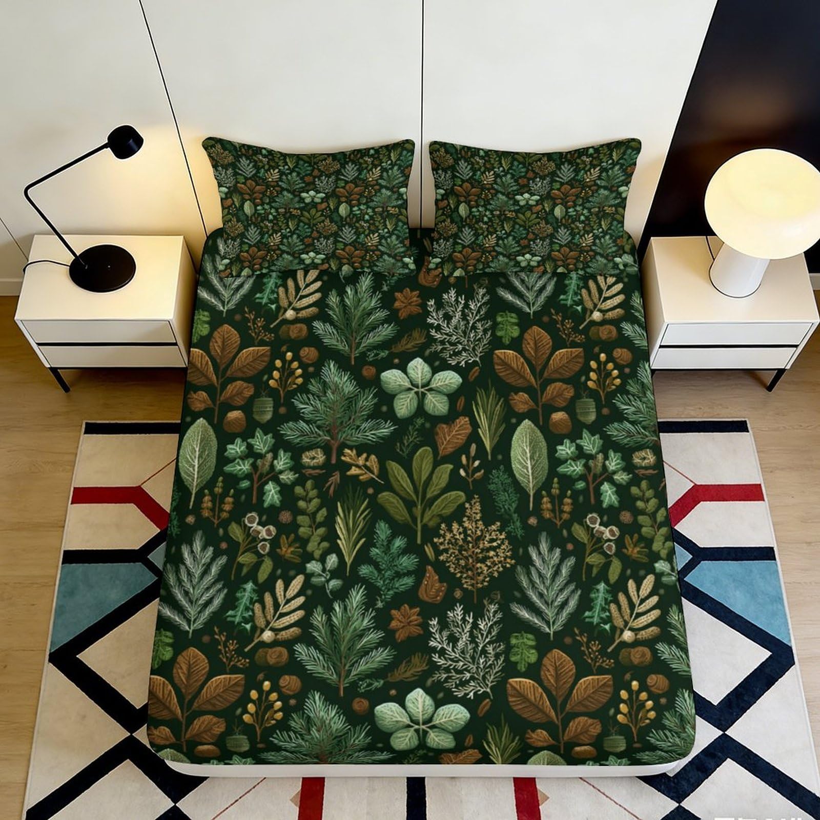 3D Printed Botanical Leaves Fitted Sheet Microfiber Soft Forest Green Bed Cover for Bedroom Guest Room Decor Protection 90x200x25cm