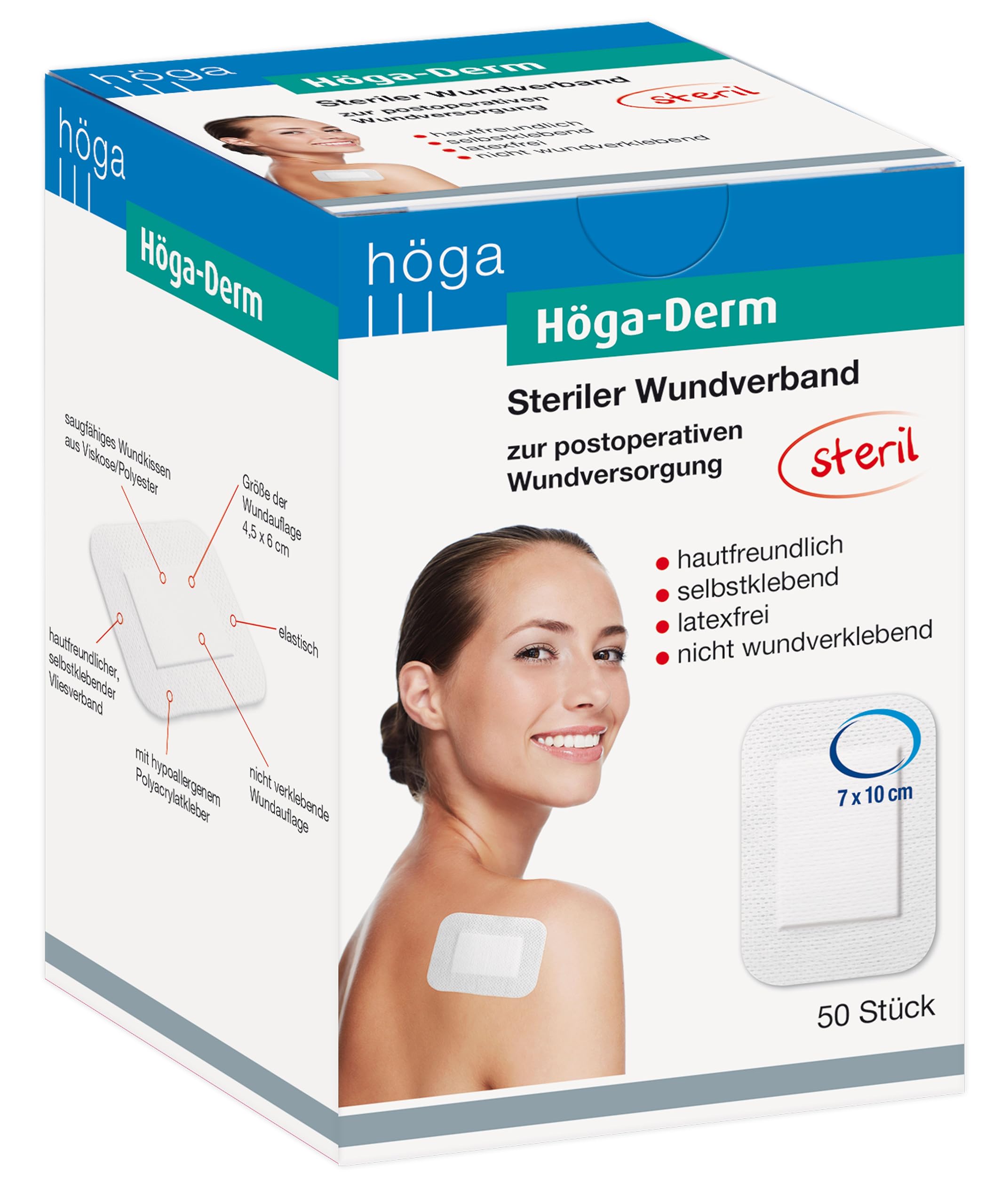 Höga Derm, steriler Wundverband, hautfreundlich, latexfrei und selbstklebend, 100 x 70 mm, 50 Stück, gebrauchsfertiges Pflaster