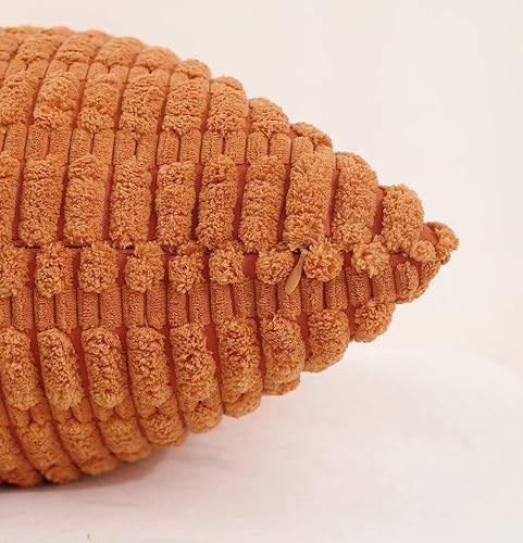 Miniatura 3 de sykting Juego de 2 fundas de almohada naranjas de 18 x 18 pulgadas de pana suave a rayas de felpa, estilo bohemio rural, fundas de almohada