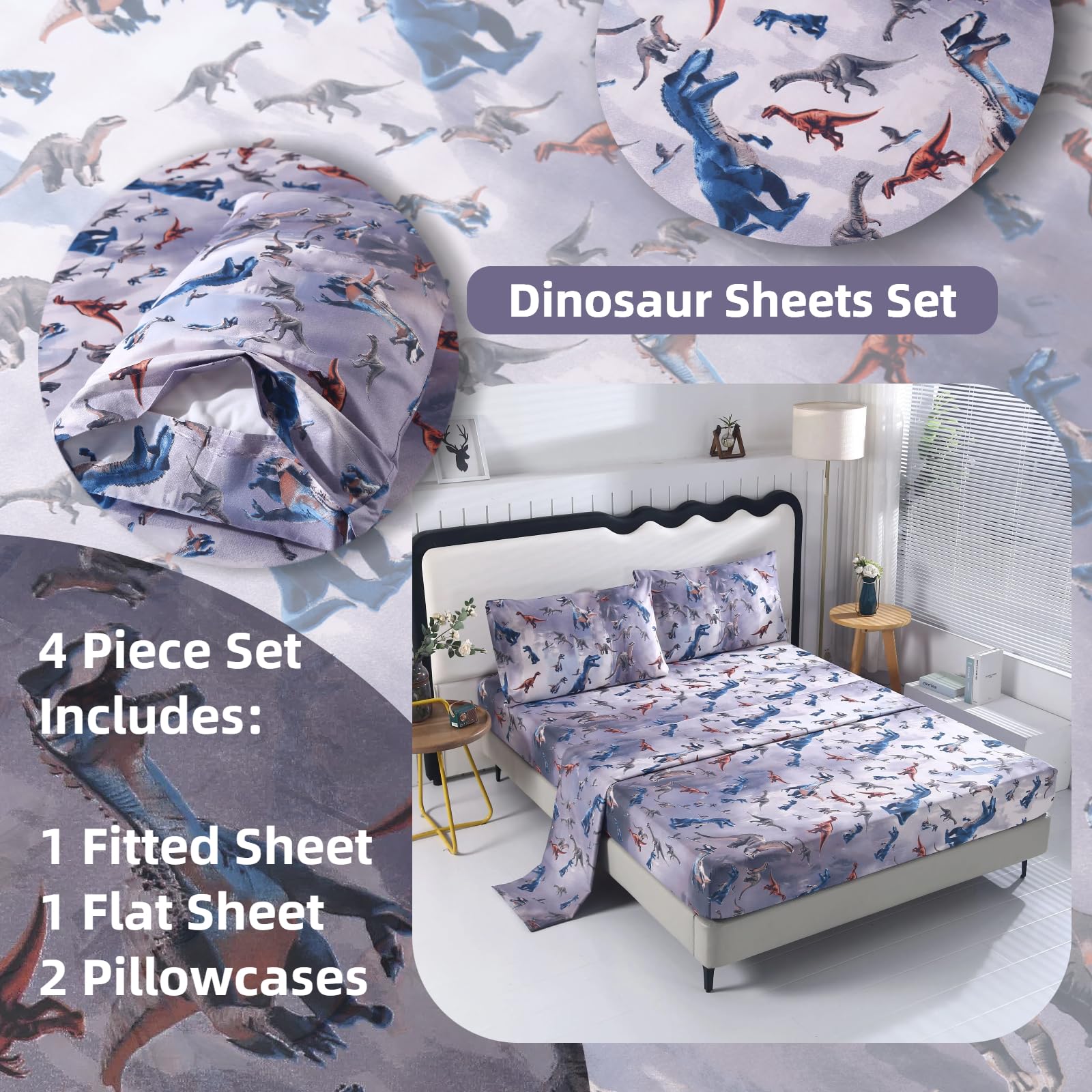 SDIII 4PCS Dark Dinosaur Sheets Full Set, Soft Microfiber Full Size Dinosaur Sheets, Cute Dino Bedding Sheet for Boys Girls Toddles Kids and Teens