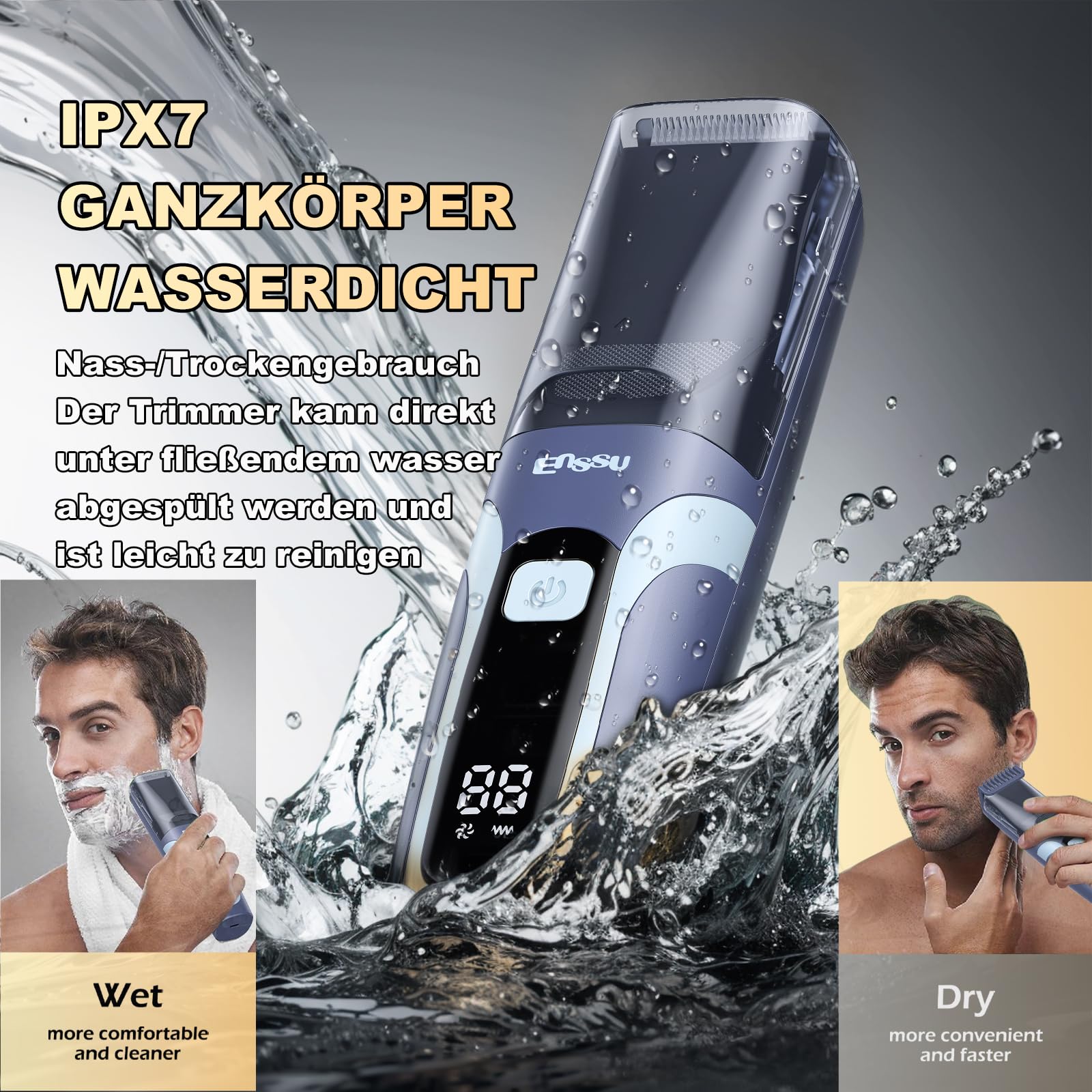 Vakuum Barttrimmer Herren, Wiederaufladbarer Bartschneider Herren Elektrisch Rasierer, IPX7 Wasserdichter kabelloser haarschneidemaschine (ab 1 mm bis 20 mm) mit Typ-C Aufladung, LCD Display (Blau)