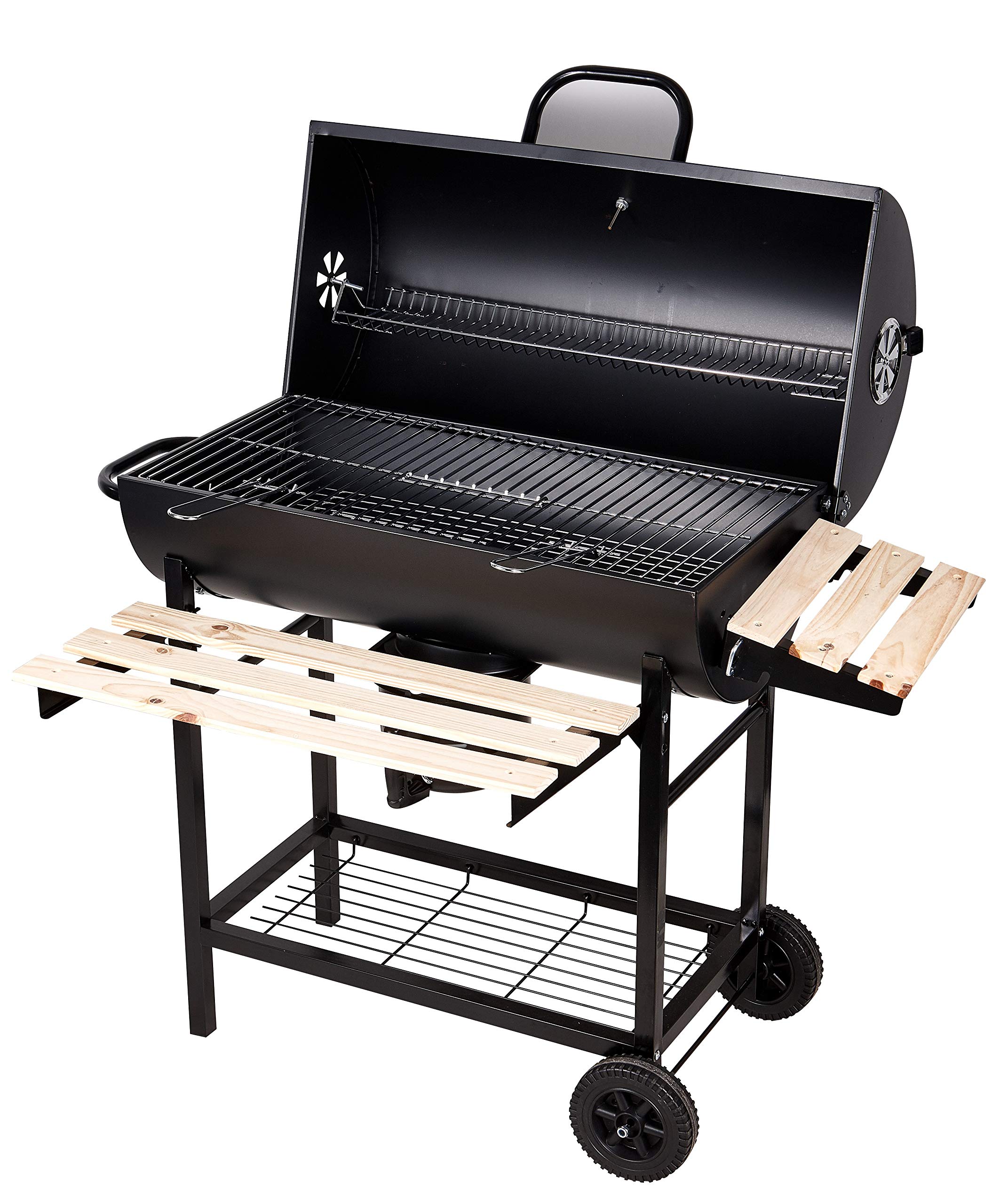Barbacoas de Carbón Parrilla con Ruedas para Jardín Exterior BBQ con Soportes Facil Movimiento, con 2 Estantes de Madera Plegable para Almacenar Comidas, 101×70.5×94.5CM