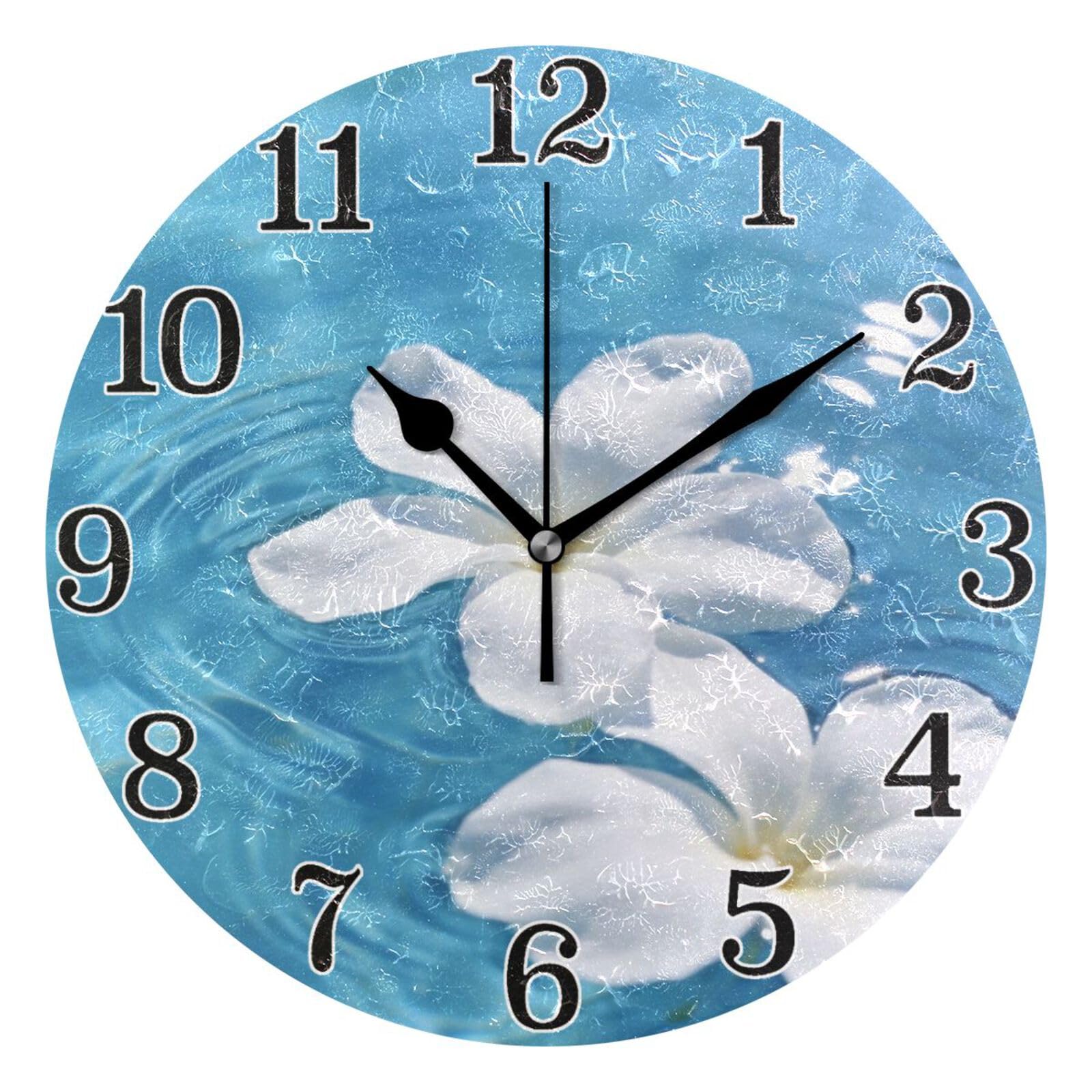 Horloge murale ronde mer bleue et frangipanier silencieuse de 25 cm