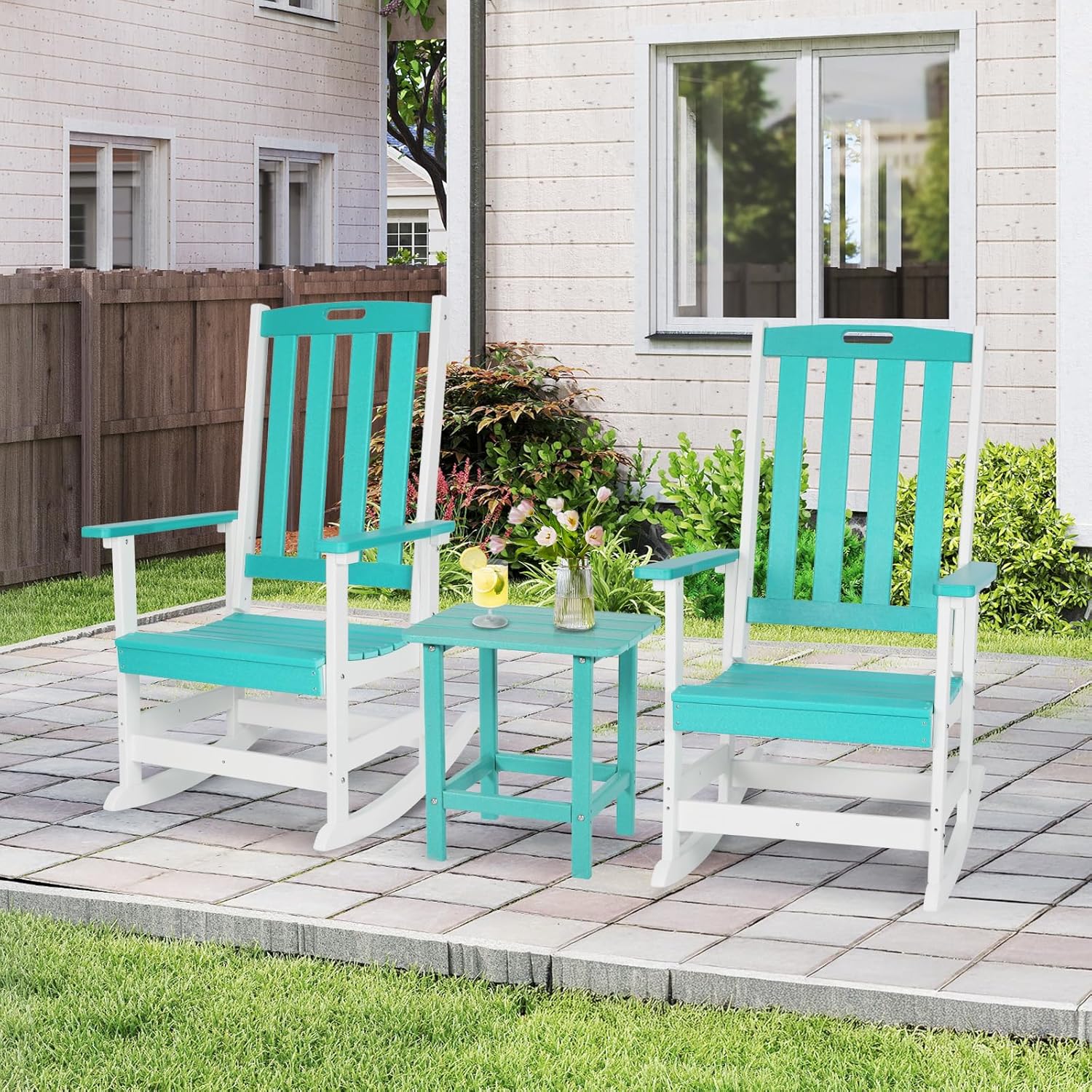 Aoodor Outdoor Rocking Chair, Ergonomic HDPE Rockers with All-Weather Design for Patio or Porch, Clashing Colors, Lake Blue and White