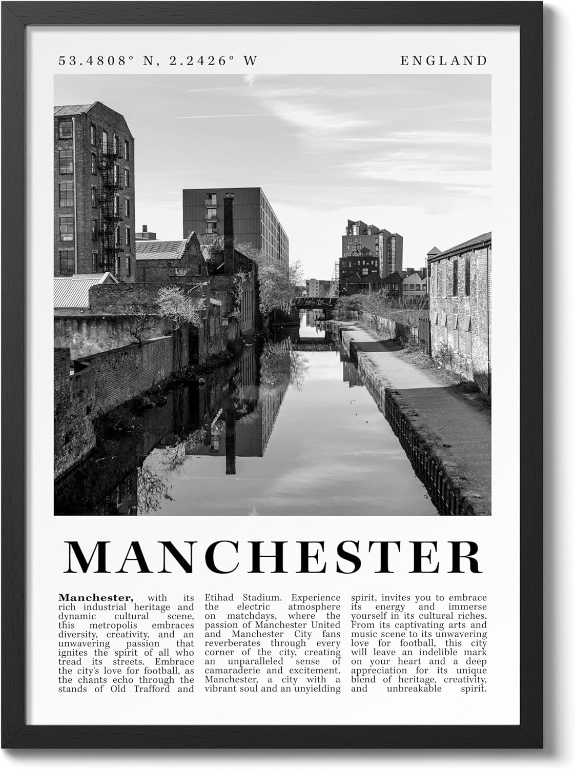 Manchester England England Travel Poster, Black And White