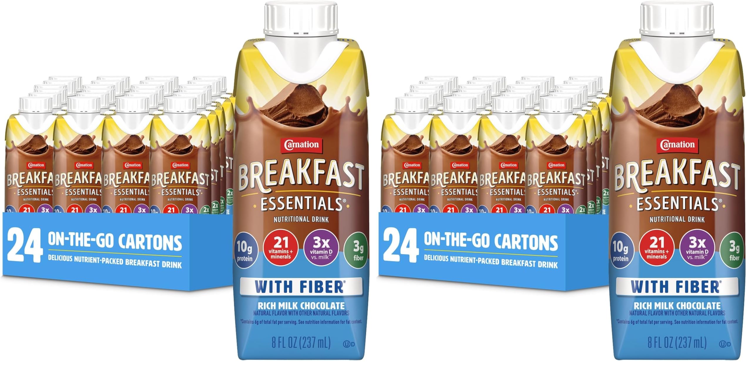 Carnation Breakfast Essentials Ready to Drink with Fiber,Rich Milk Chocolate,8 FL OZ Carton,(Pack of 48)