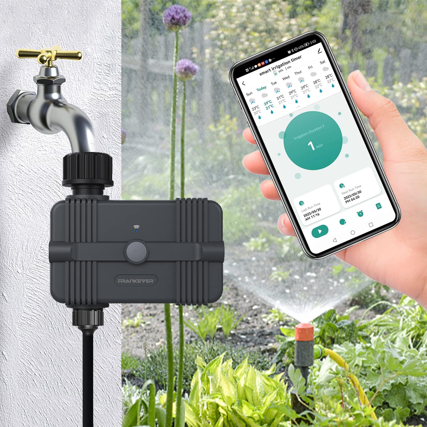 FRANKEVER WiFi Sprinkler Irrigation Timer, Automatic Garden Watering Hose Timer with Upgraded Rain Delay, Compatible with Alexa & Google Assistant, Outdoor No Hub Needed for Lawn Yard Watering