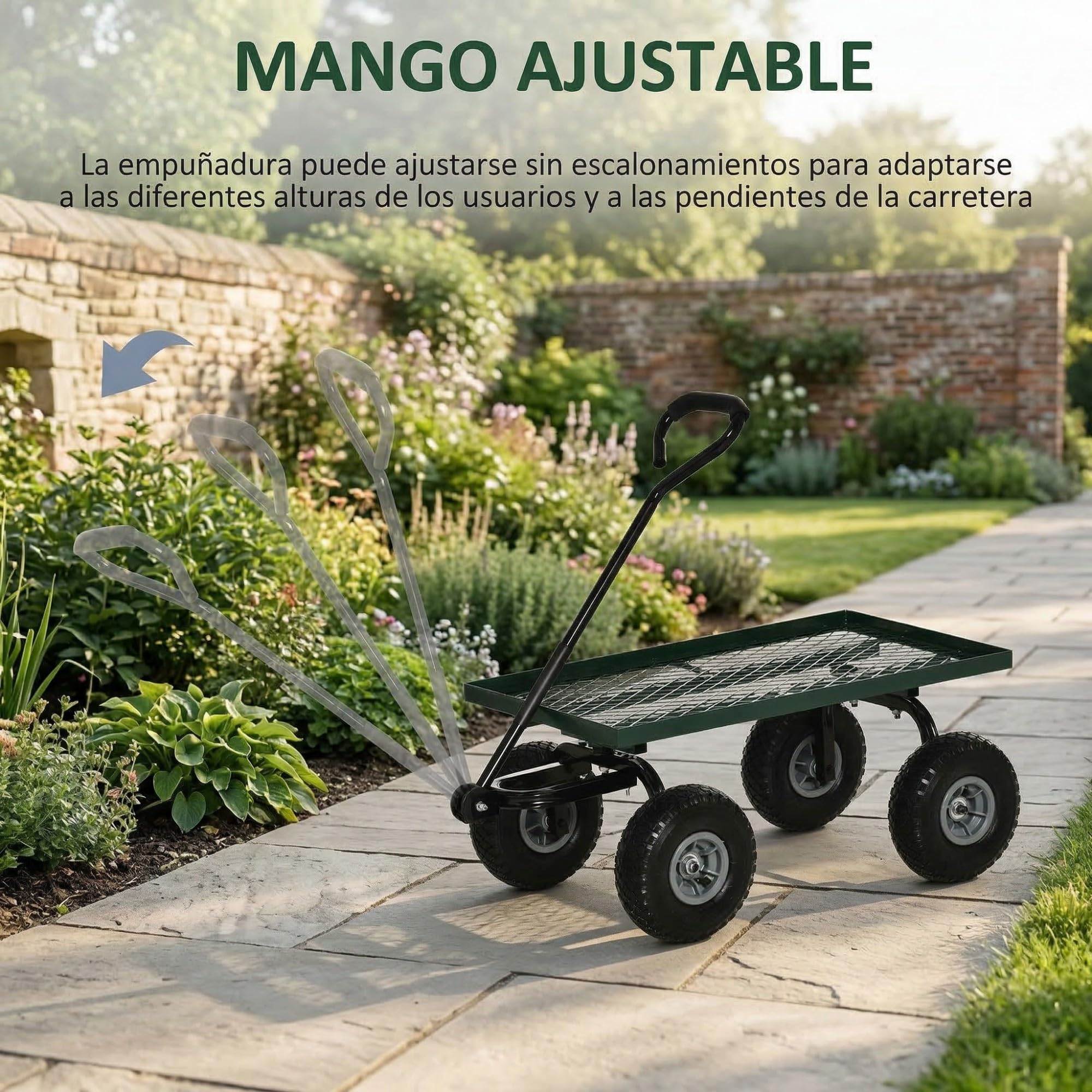 Outsunny Carro de Jardín con Grandes Ruedas Carretilla de Mano con Mango Ergonómico y Estructura de Acero para Transporte de Camping Exterior, Capacidad 150 kg, Negro y Verde