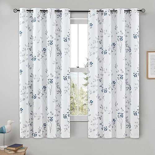 Beauoop Floral 100% Blackout Curtains 54 Inch Length 2 Panels for Bedroom Living Room Blue Grey and White Flower Patterned Room Darkening Thermal Soundproof Grommet Window Treatments Drapes, 52X54