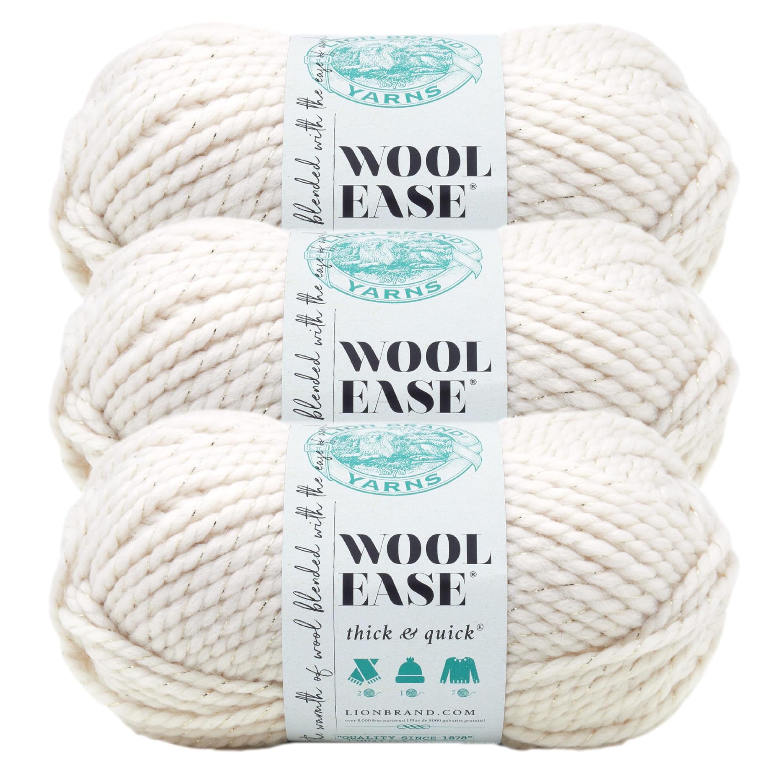 Lion Brand Yarn Wool-Ease Thick and Quick Yarn, Soft and Bulky Yarn for Knitting, Crocheting, and Crafting, 3 Pack, Starlight