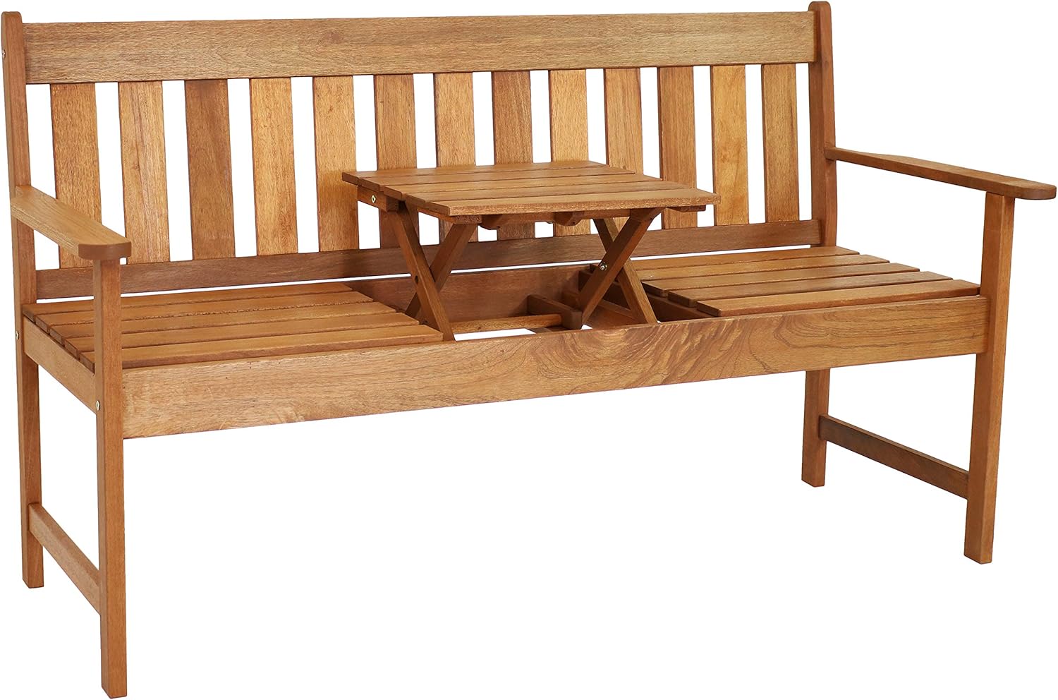 Sunnydaze Meranti Wood Outdoor Patio Bench with Built-in Pop-Up Table - Teak Oil Finish - 60-Inch