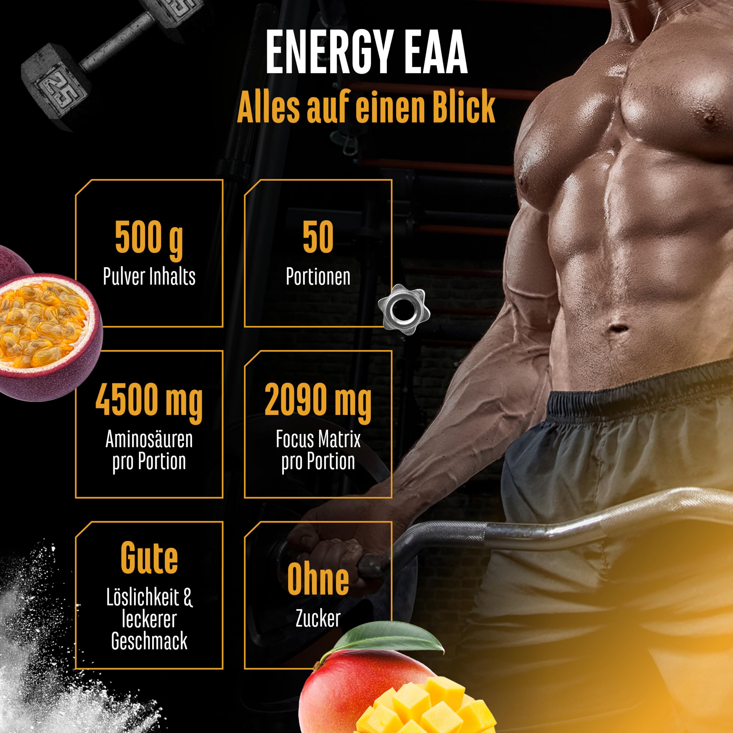 EAA Energy Mix - 500 g - Amino Matrix + Focus Matrix - Zuckerfreie Alternative zu Energy Drinks - Mit Koffein, Taurin, Guarana, N-Acetyl-L-Tyrosin - Pre Workout Booster - Vegan (Mango Maracuja) | Mango Maracuja, Zuckerfrei, mit Koffein, Taurin, Guarana &