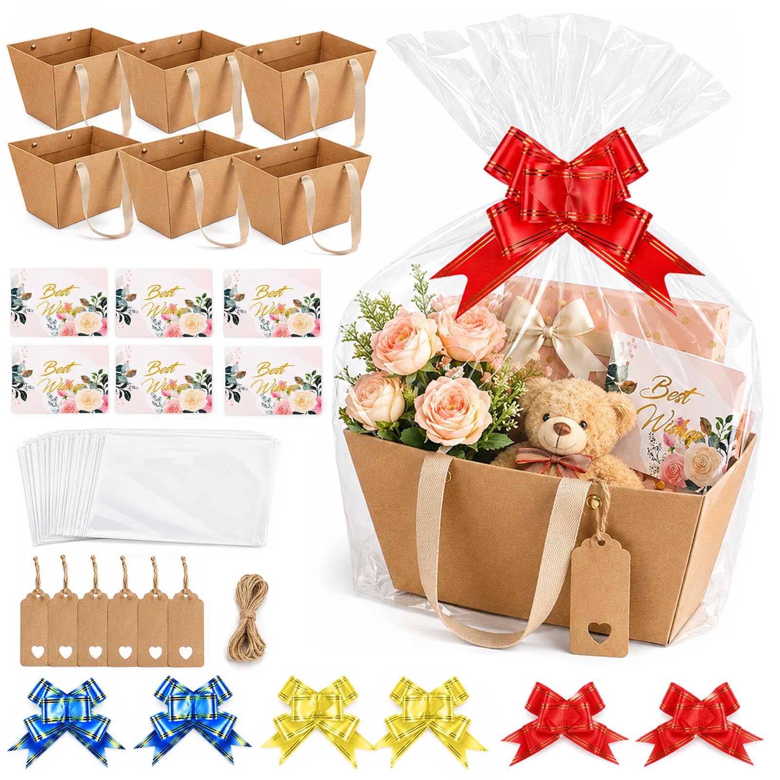 6 Set Basket Hamper Kit, Empty Kraft Hamper Basket with Cellophane Bags