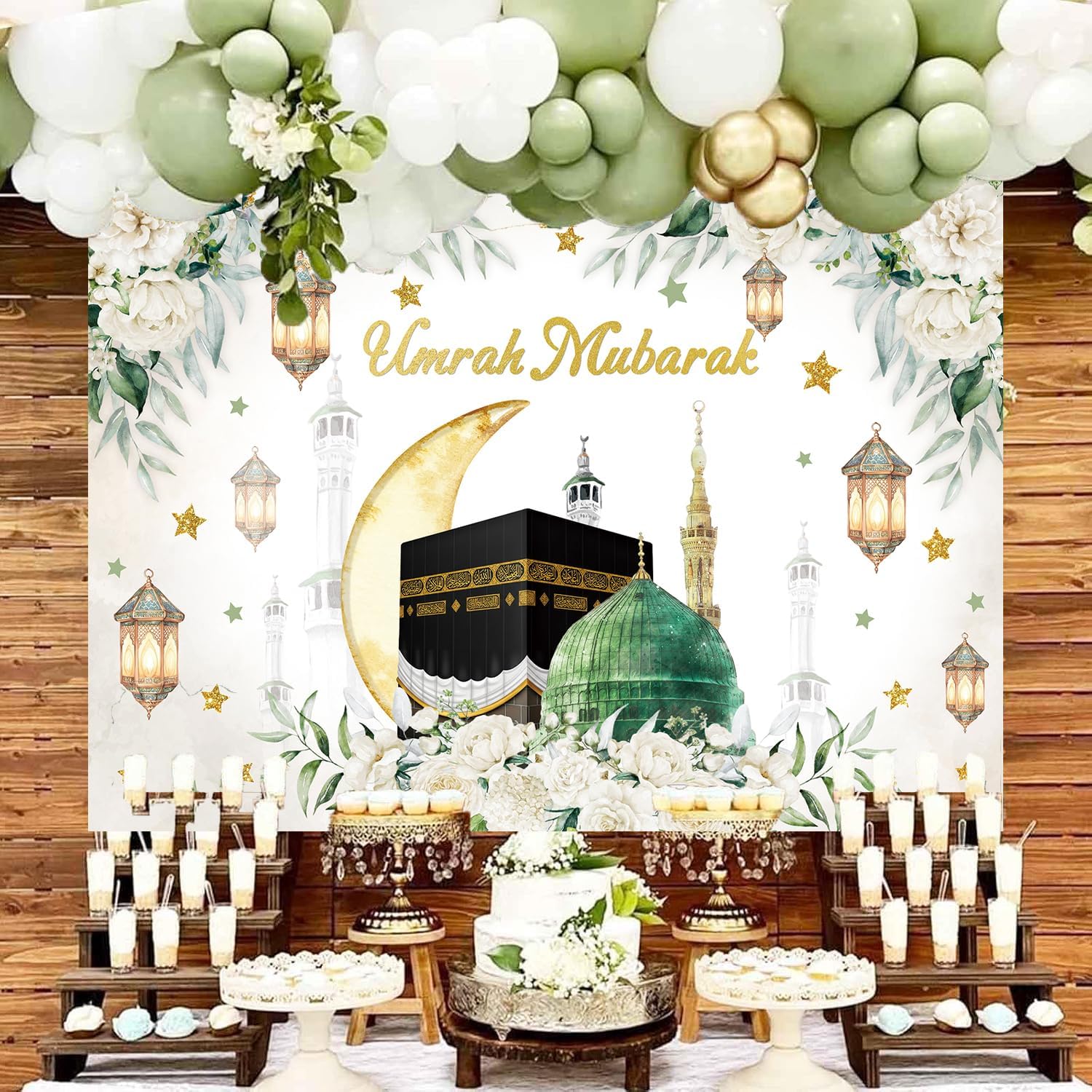 Umrah Mubarak Backdrop Green Leaves Kaaba Hajj Golden Moon Star Lantern Ramadan Islamic Photography Background Muslim Festival Eid Al-Fitr Party Decorations Banner Photo Props (8x6FT)