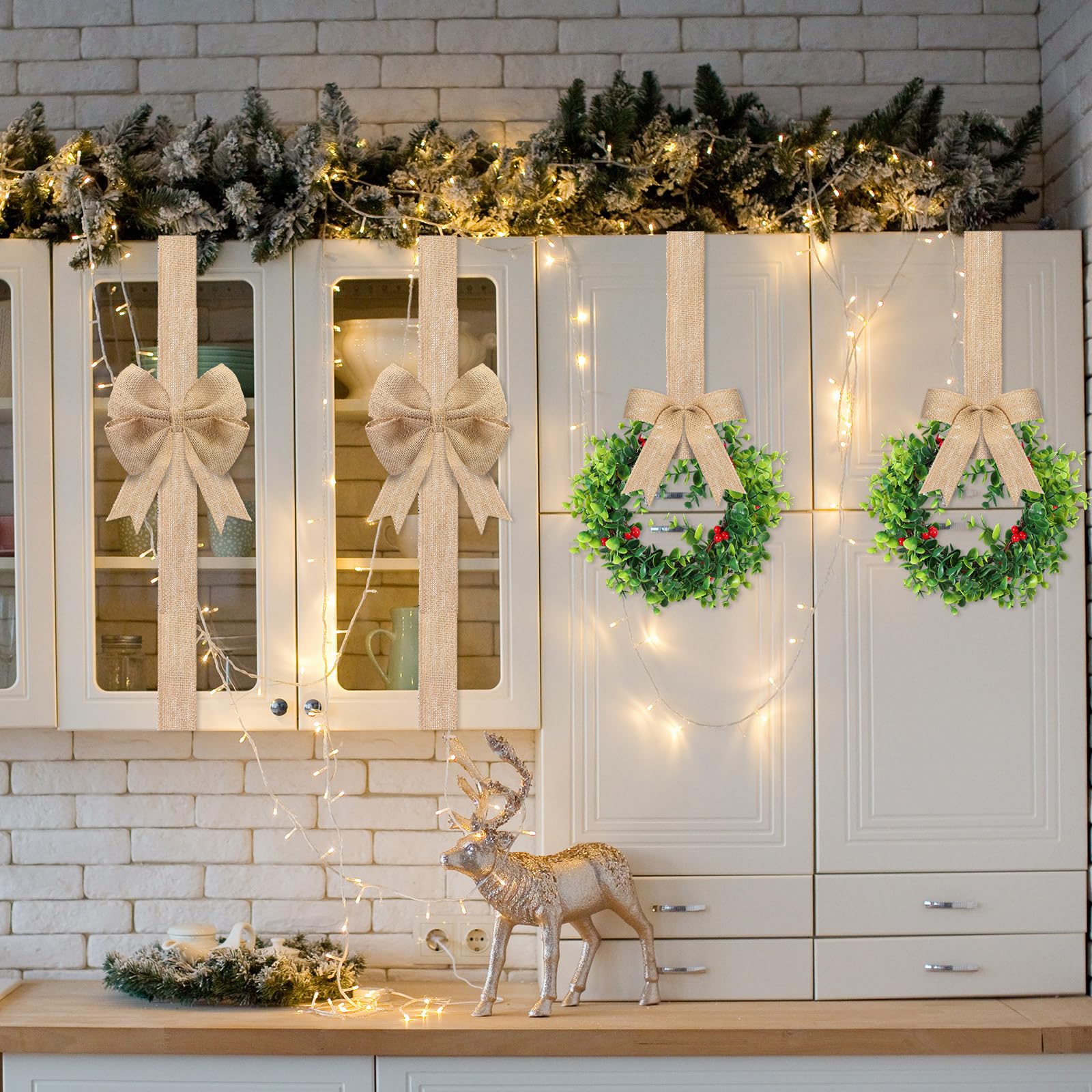 Jexine Lot de 6 décorations de Noël en toile de jute, 4 nœuds en ruban festif et 2 couronnes de Noël à suspendre avec nœud pour Noël et maison