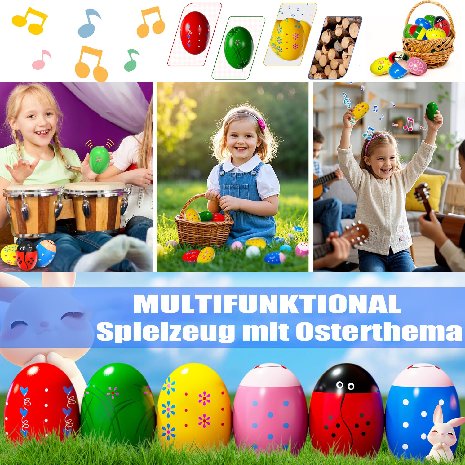 Set di 6 Pezzi di Maracas per Uova in Legno, Maracas per Uova di Pasqua, Maracas Musicali a percussione, sonagli per Uova, sonagli per Uova, Uova Musicali per Neonati e Bambini