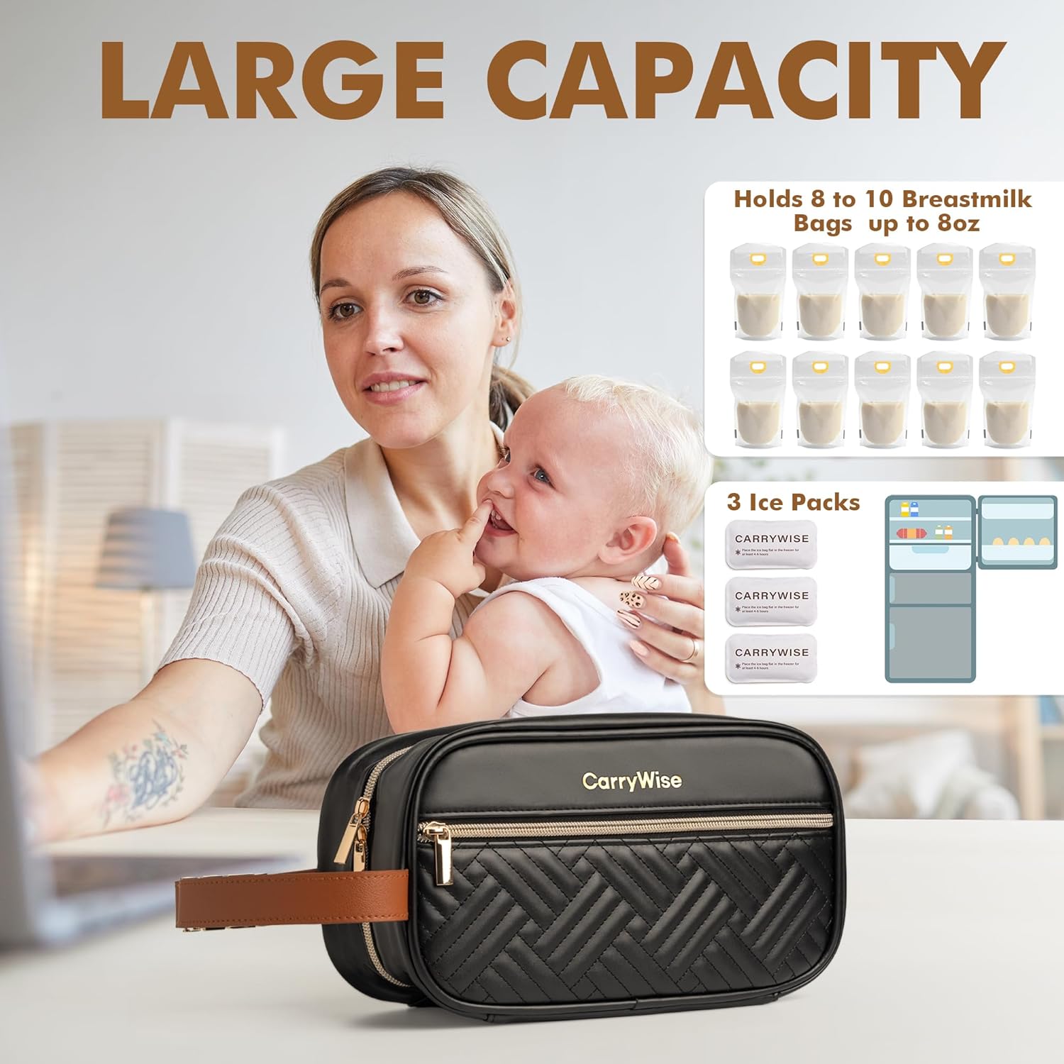 Black Breast Milk Cooler Bag – Large Capacity, Keeps Milk Cold 8+ Hours, Waterproof Insulated Travel Bag with 3 Ice Packs & Buckle Handle for Nursing Moms, Daycare, Travel - Image 6