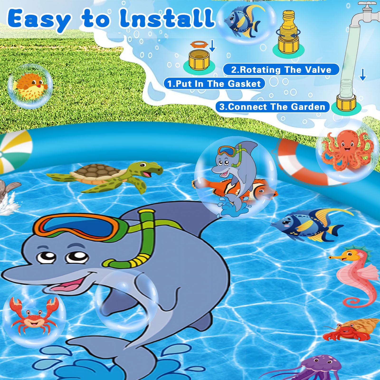 Splash Pad, 170cm Aspersor para Niños, Patrón De Animales Marinos Juegos Exterior Niños, PVC Juegos Piscina Aspersor para Niños Apto para Niños Y Mascotas De 3 A 6 Años