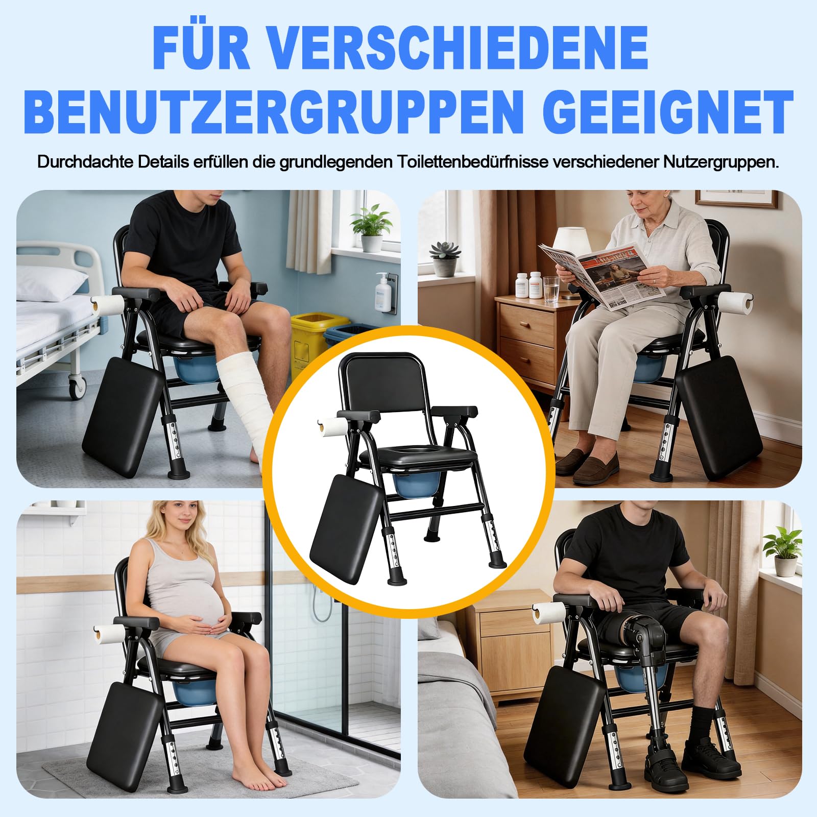 Toilettenstuhl für Senioren, Höhenverstellbaren Klappbar WC Stuhl Toilettenstühle mit Gepolsterter Sitzplatte und Toiletteneimer, Tragbar Duschstuhl Tragfähigkeit 150kg