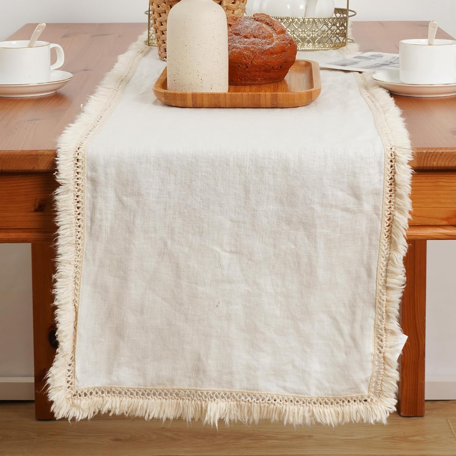 Table Runners 72 Inches Long with Fringe - 100% Pure Linen Natural Table Runner 14 X 72 Inch for Wedding,Farmhouse,Party,and Spring,Summer - Machine Washable (White)