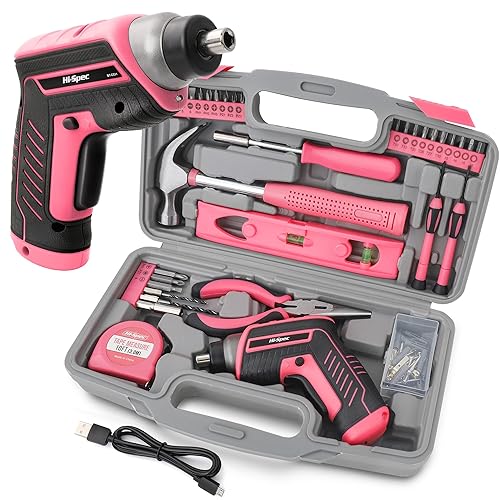 Hi-Spec 35pc Pink Tool Kit with 3.6V USB Electric Screwdriver and Drill Set. Complete Women Tool Set - 3.6V - Pink 1