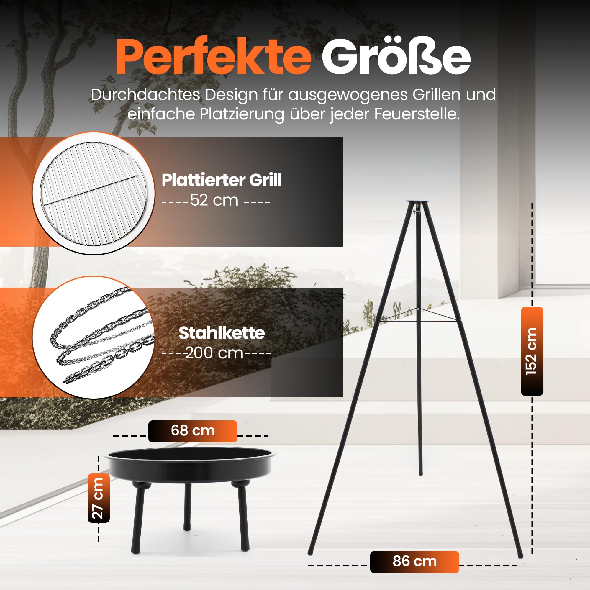 BBQ Multi-Grill Schwenkgrill, Tripod Set,160 cm,Dreibein mit Feuerschale,Grillrost,Räucherplanken & Topf, Höhenverstellbar, Outdoor Grillen, Kochen im Garten schwarz