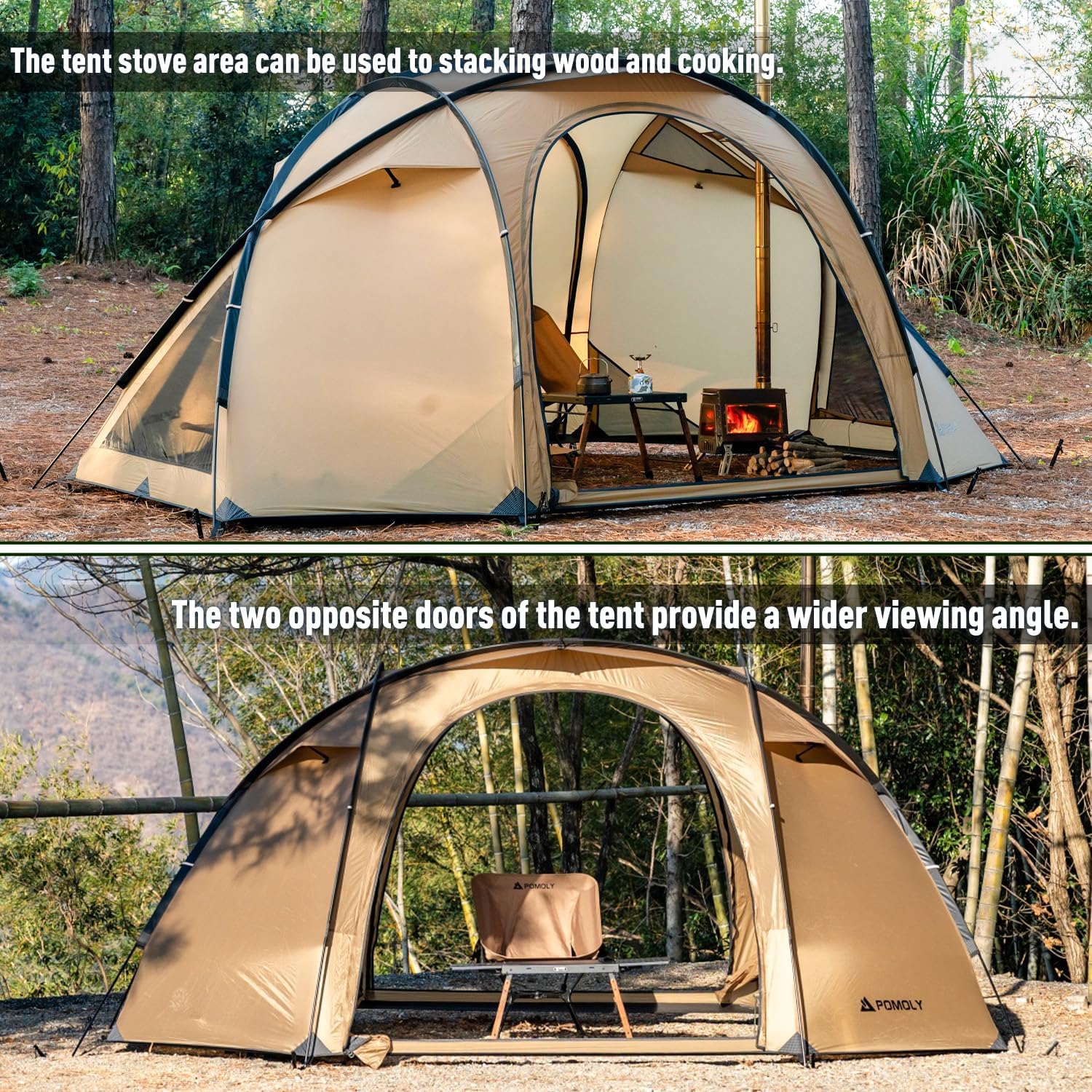 POMOLY Dome Tent Freestanding Camping Hot Tent, Barracuda 2 Portable Wood Stove Tents for 1-2 Person Backpacking, Hiking