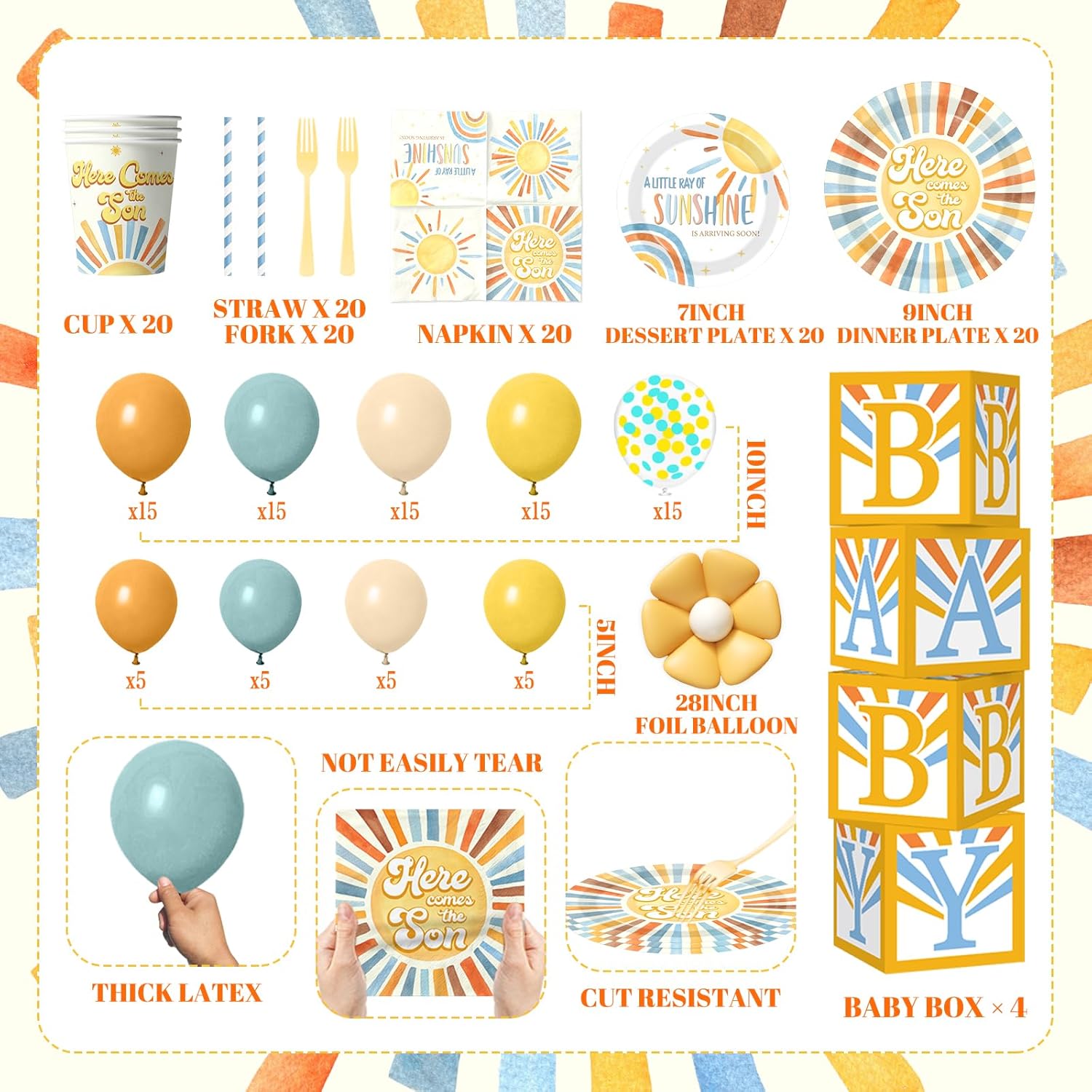 Here Comes the Son Baby Shower Decor for Boy, All-in-1 Boho Retro Sunshine Baby Shower Decorations with Balloon Arch Baby Boxes Rainbow Plates Napkins Cake Topper Tablecloth Backdrop It’s A Boy Decor
