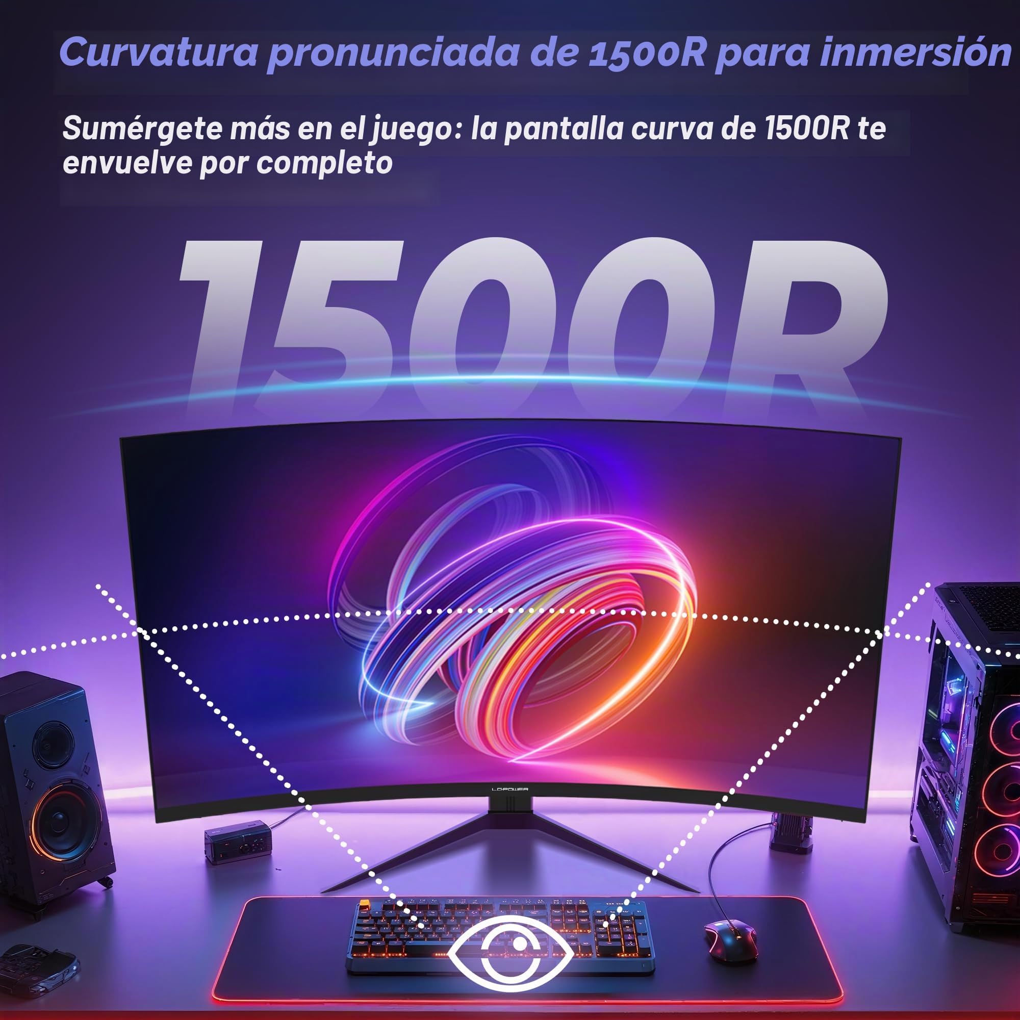 LC-Power M27FC - Monitor Gaming Curvo 27 Pulgadas 180Hz 1 ms VA Panel Monitor con FHD 1920 x 1080, 123,1% sRGB, 300 CD/m², 1500R,1x DP 1.4 (bis 180 Hz), 2X HDMI 2.0 (bis 144 Hz)