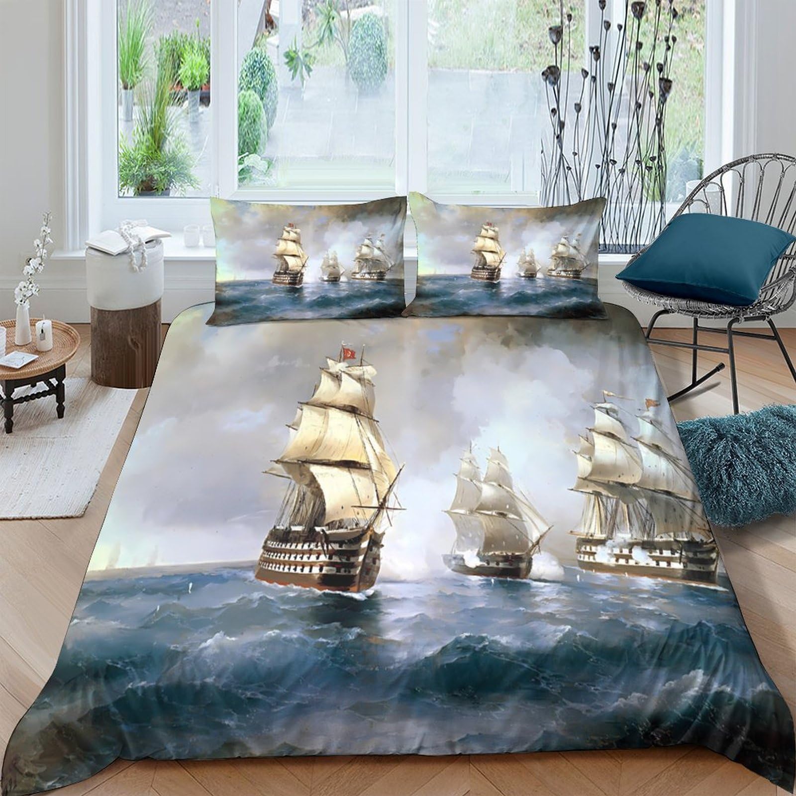 Ctjqhvkz Style-8 3D Printed Vintage Sailing Ship Fitted Sheet Microfiber Soft Breathable Ocean Waves Bed Cover For Adult Bedroom Decor Single（135X200cm）