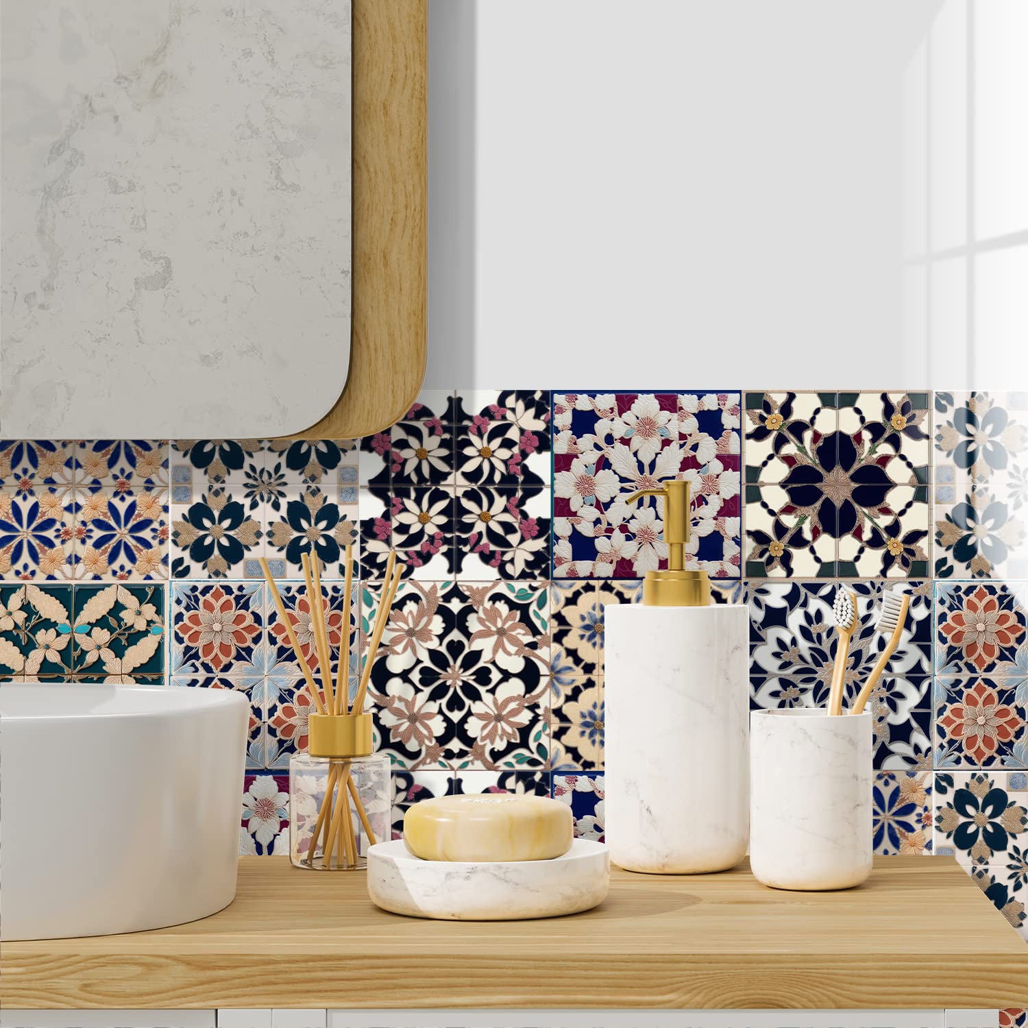 Alwayspon 10cm/4inch Retro Wall Tile Sticker Transfer, 3D Effect Waterproof Sticky Back Vinyl Tile Sticker for Kitchen Bathroom Self-adhesive Peel and Stick PVC Stick on Tile