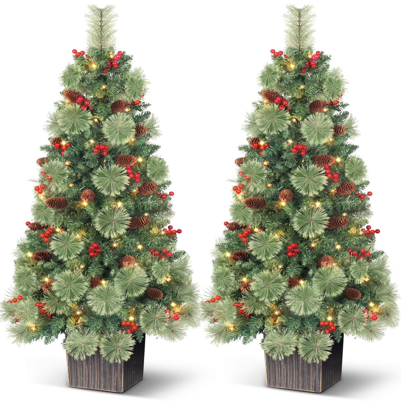 LAVEVE Lot de 2 sapins de Noël de 1,2 m avec 100 lumières, fonctionne avec | Branches de cèdre et pommes de pin