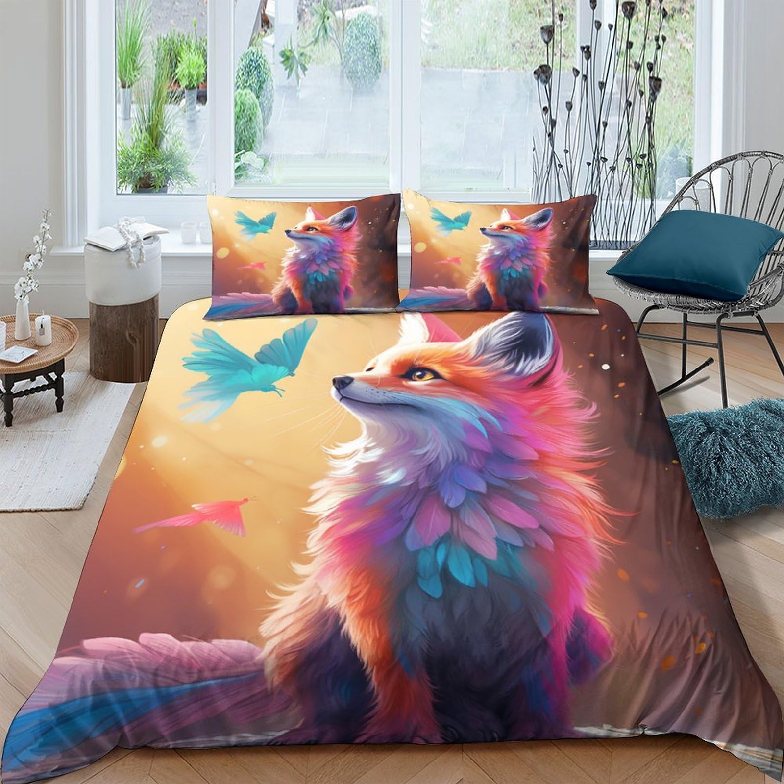Housse de couette hypoallergénique parure de lit douce motif renard