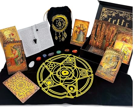 Tarot Cards Set for Beginners with Guide Book, Meanings on Them, PVC Waterproof, Including Card Holder, Table Mat, Seven Chakra Stones, and Crystal PendulumGolden 05