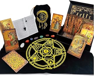 KLKOKVKE Tarot Cards Set for Beginners with Guide Book, Meanings on Them, PVC Waterproof, Including Card Holder, Table Mat, Seven Chakra Stones, and Crystal Pendulum(Golden 05)
