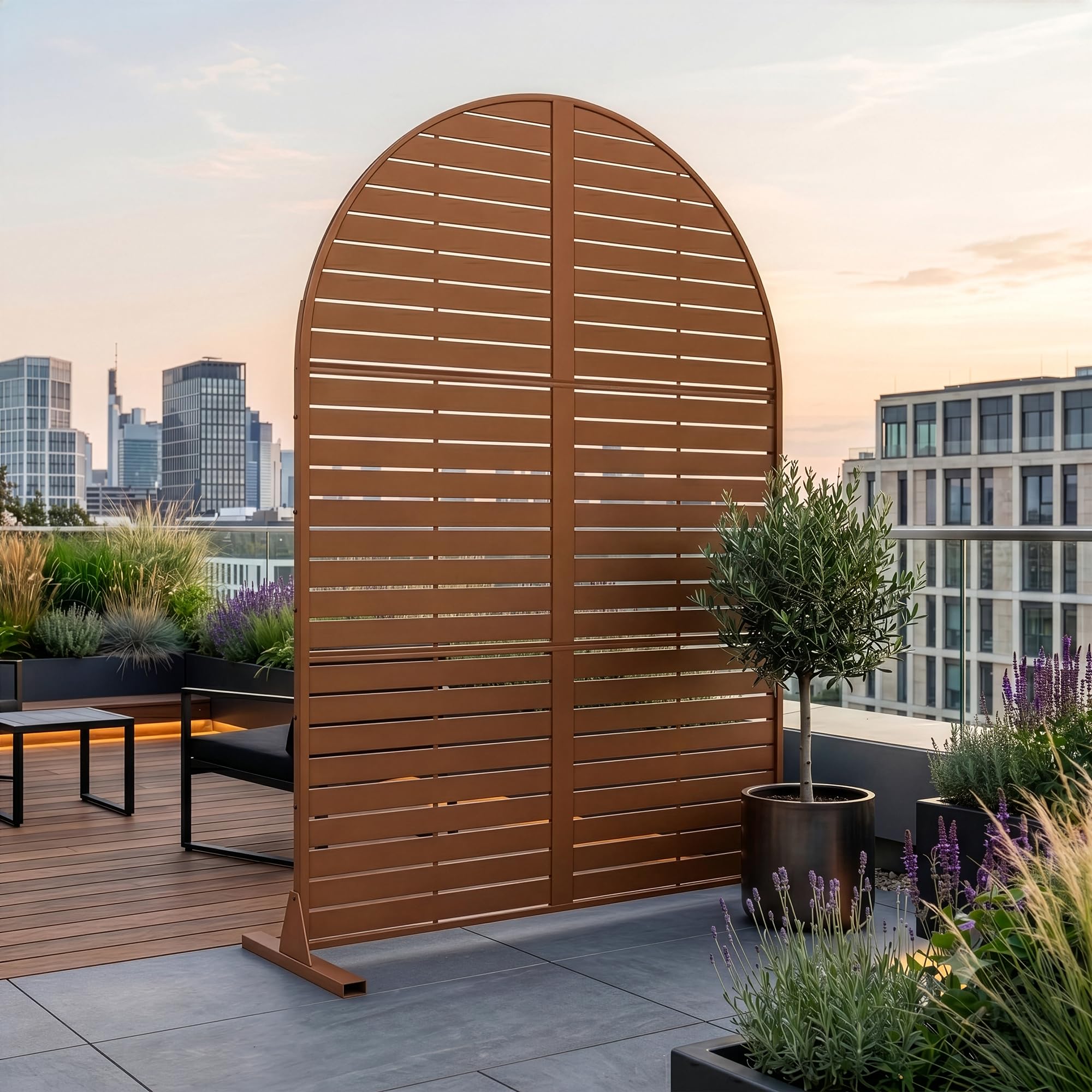 casa.pro Biombo Nordepp diseño Arco Redondeado Acero 180x90x40cm Marrón | Separador de ambientes tabique exterior interior pantalla de privacidad protección contra sol para jardín terraza balcón