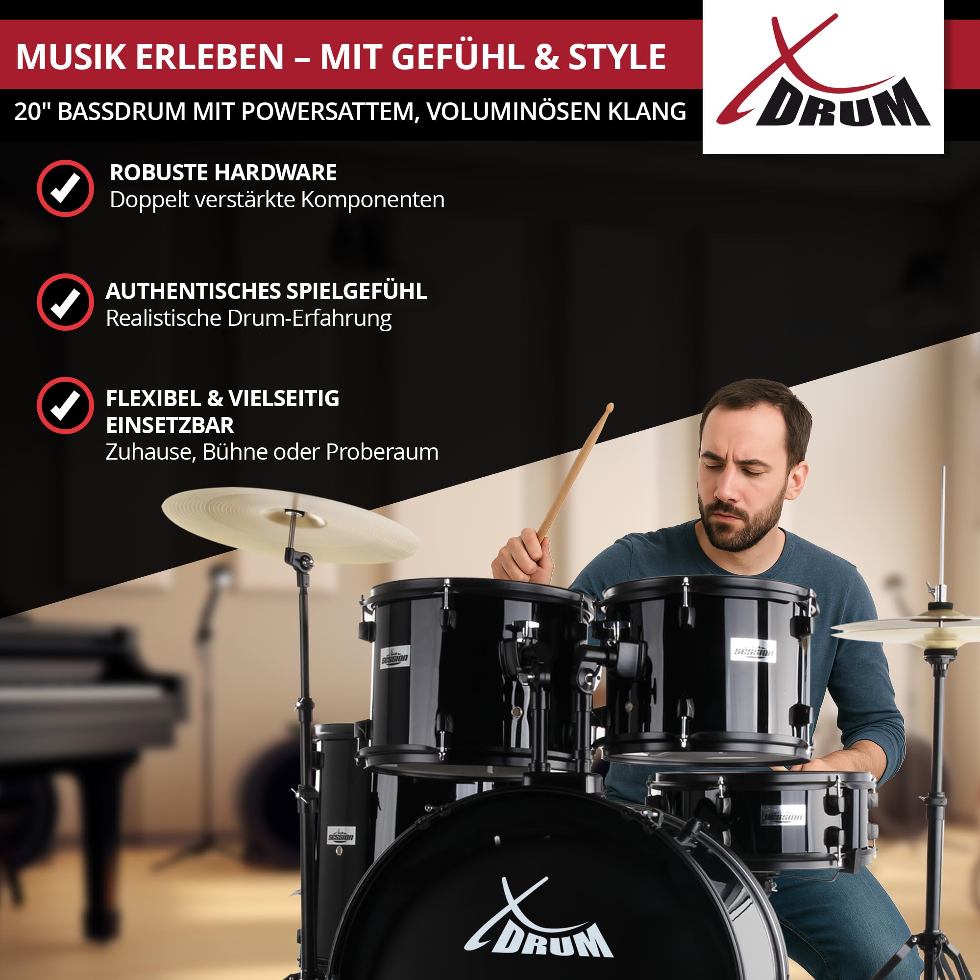 XDrum Rookie Schlagzeug Set Drumset Schwarz (20" BD, 10", 12", 14" TT, 14" SD, Übungsbecken bestehend aus einem Satz Hi-Hat-Becken 14" und 1 Crash-Ride-Becken 16", inkl. Schule & Schlagzeugdämpferset)
